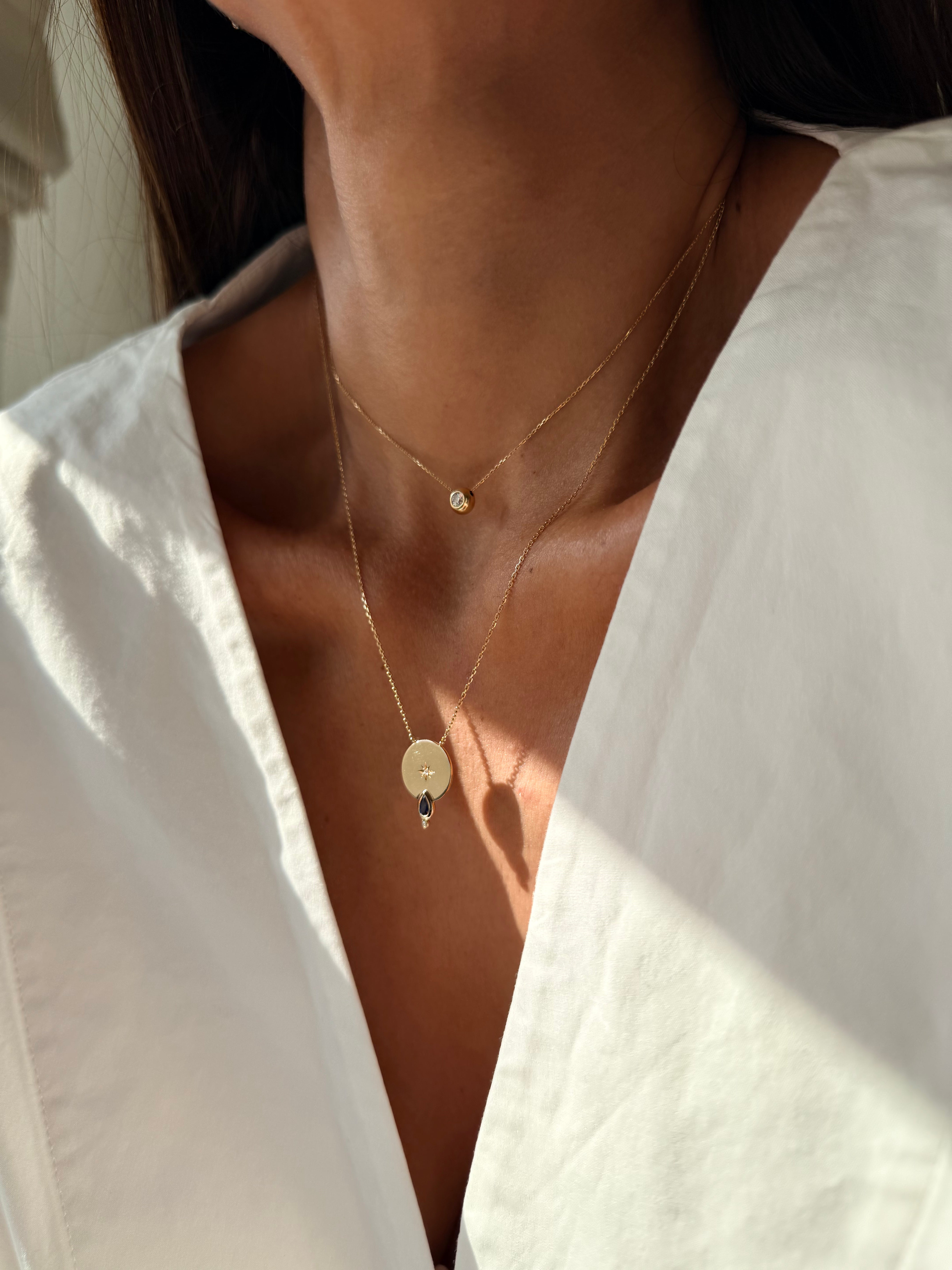 14K Gold Big Circle Diamond Star Necklace with Sapphire