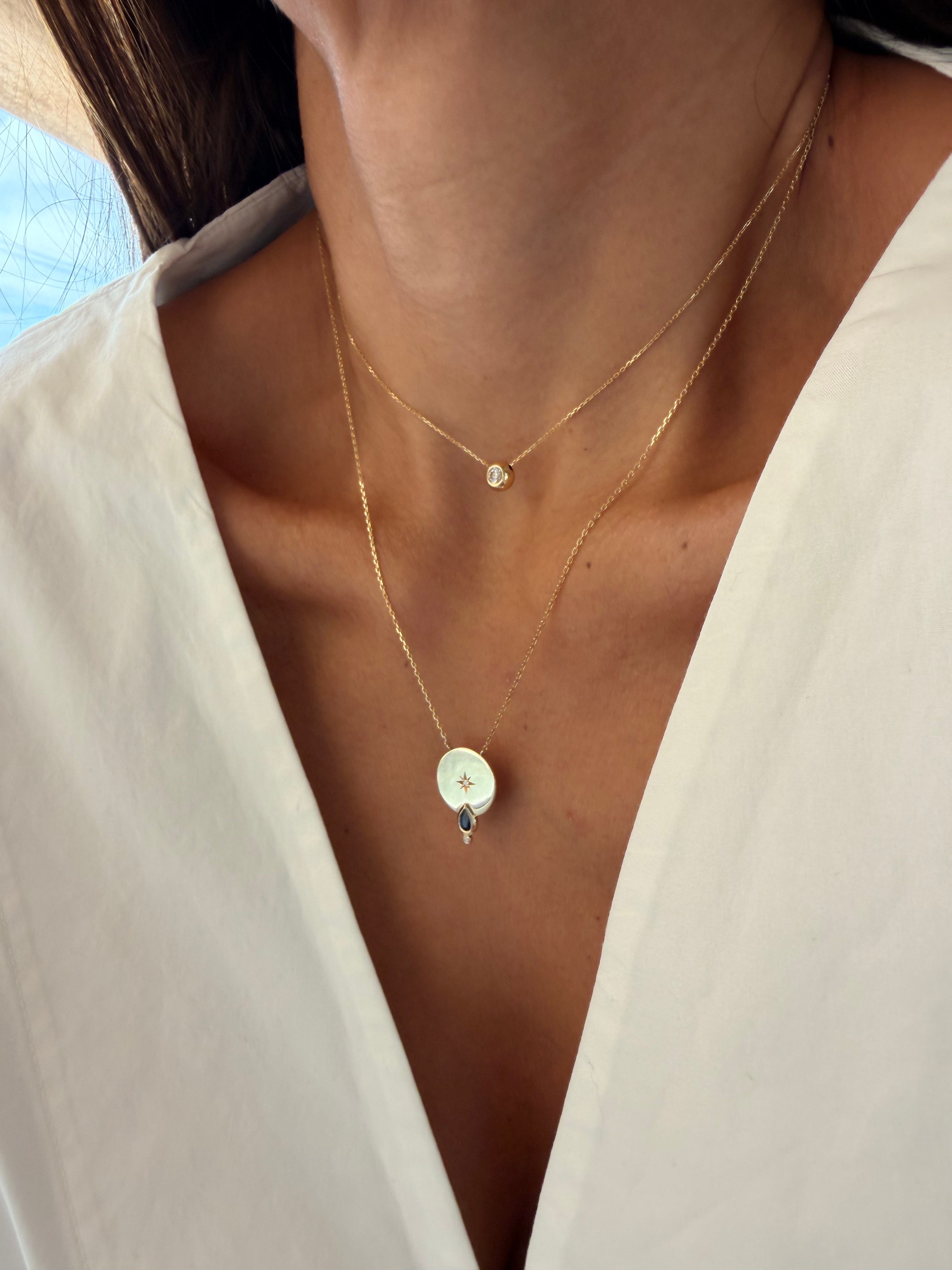 14K Gold Big Circle Diamond Star Necklace with Sapphire