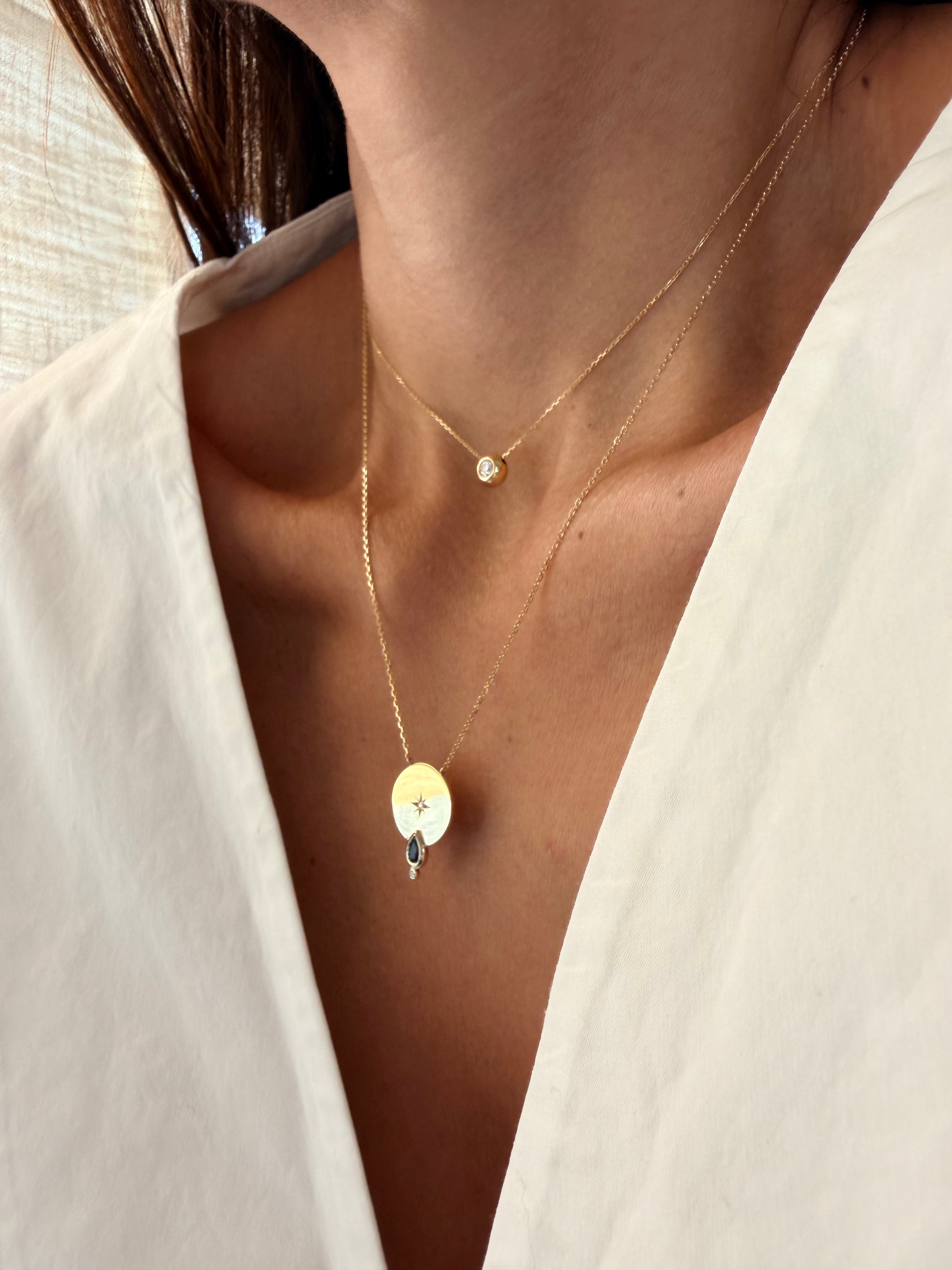 14K Gold Big Circle Diamond Star Necklace with Sapphire