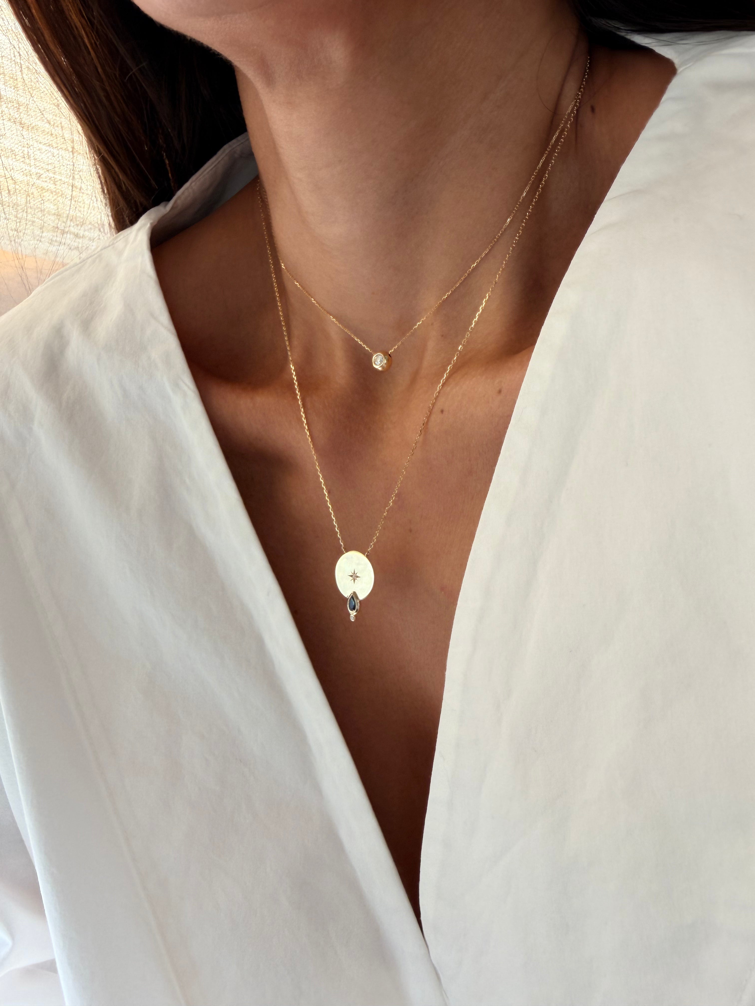 14K Gold Big Circle Diamond Star Necklace with Sapphire