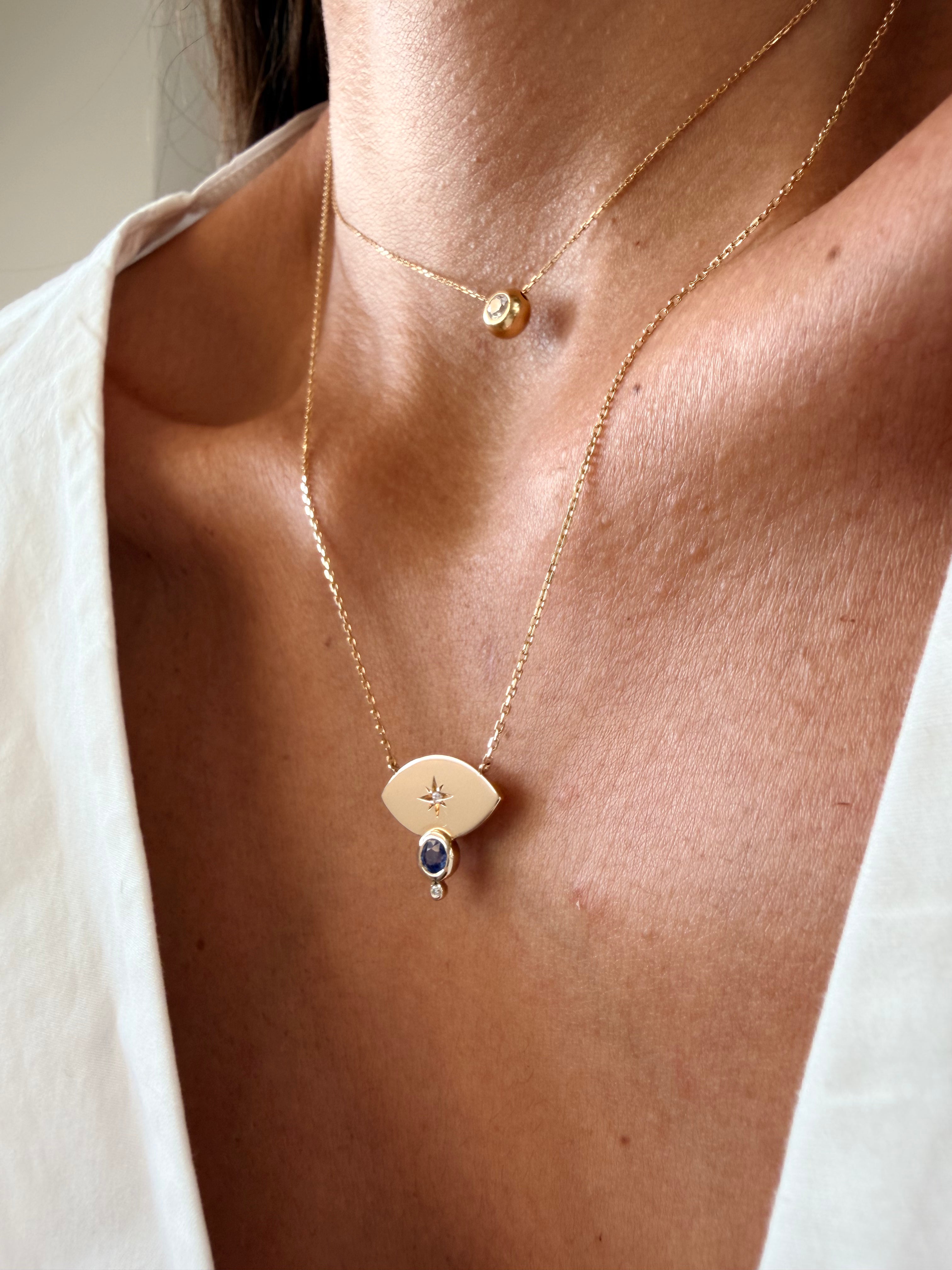 14K Gold Big Navette Diamond Star Necklace with Sapphire