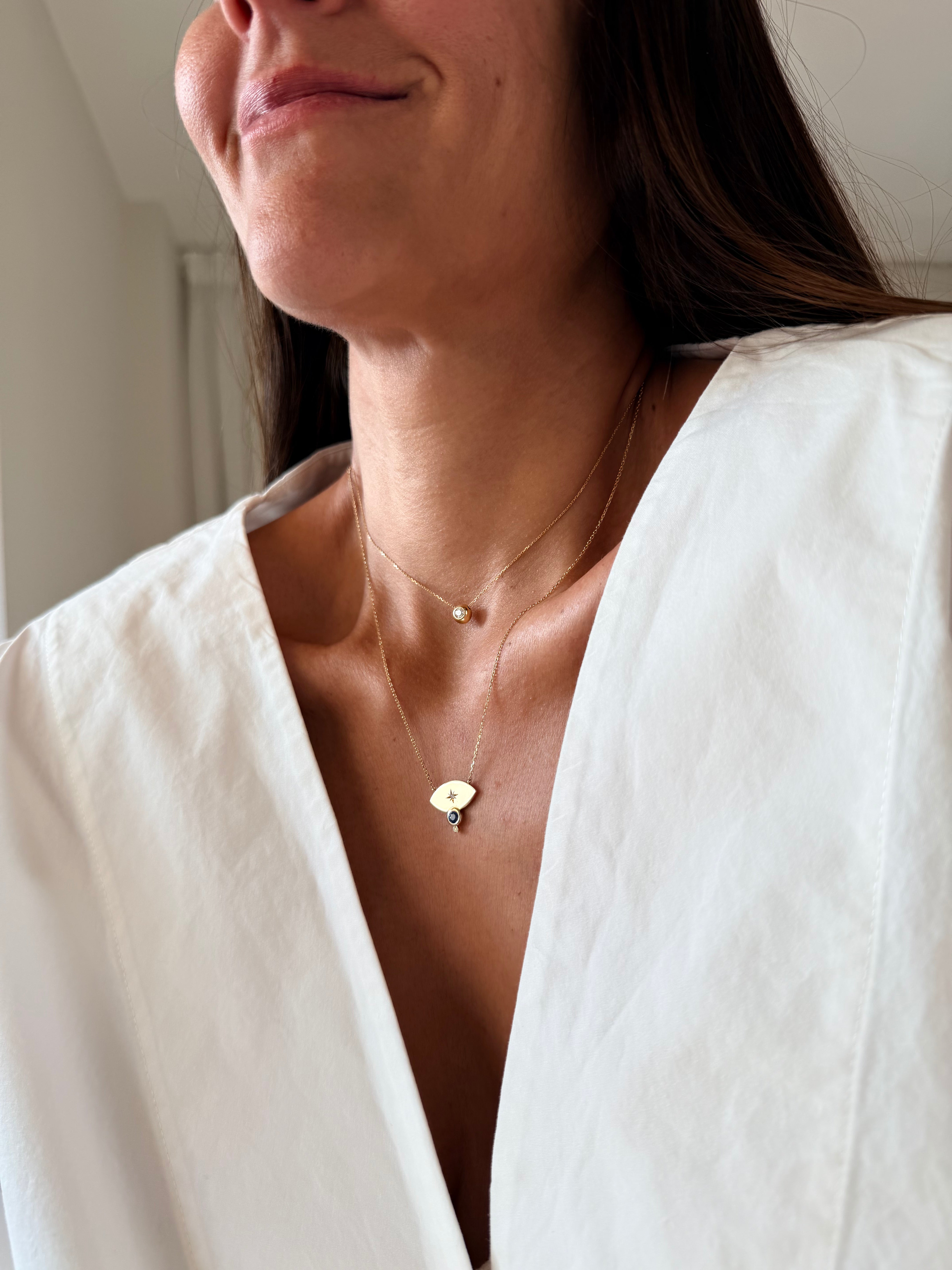 14K Gold Big Navette Diamond Star Necklace with Sapphire