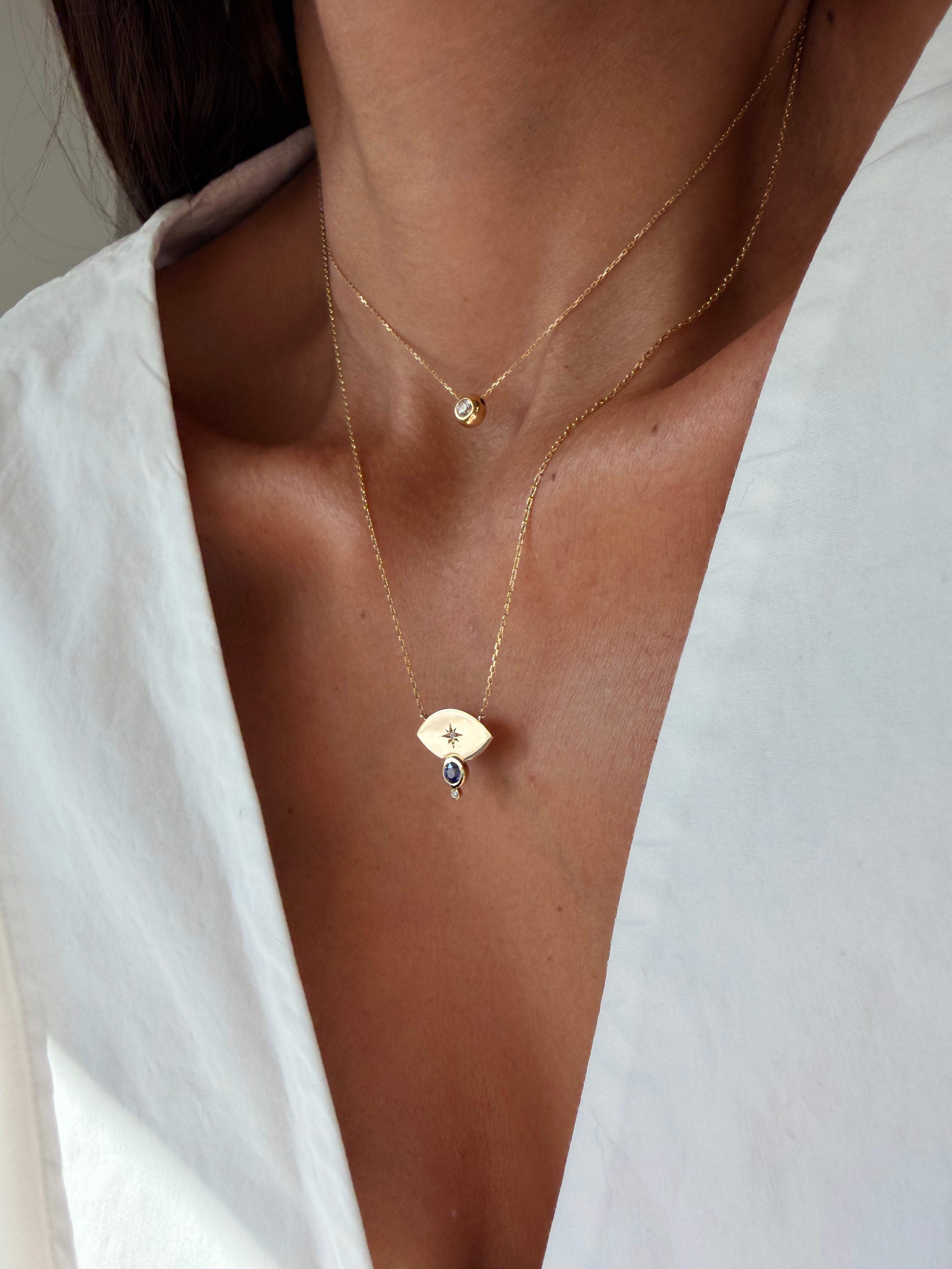 14K Gold Big Navette Diamond Star Necklace with Sapphire