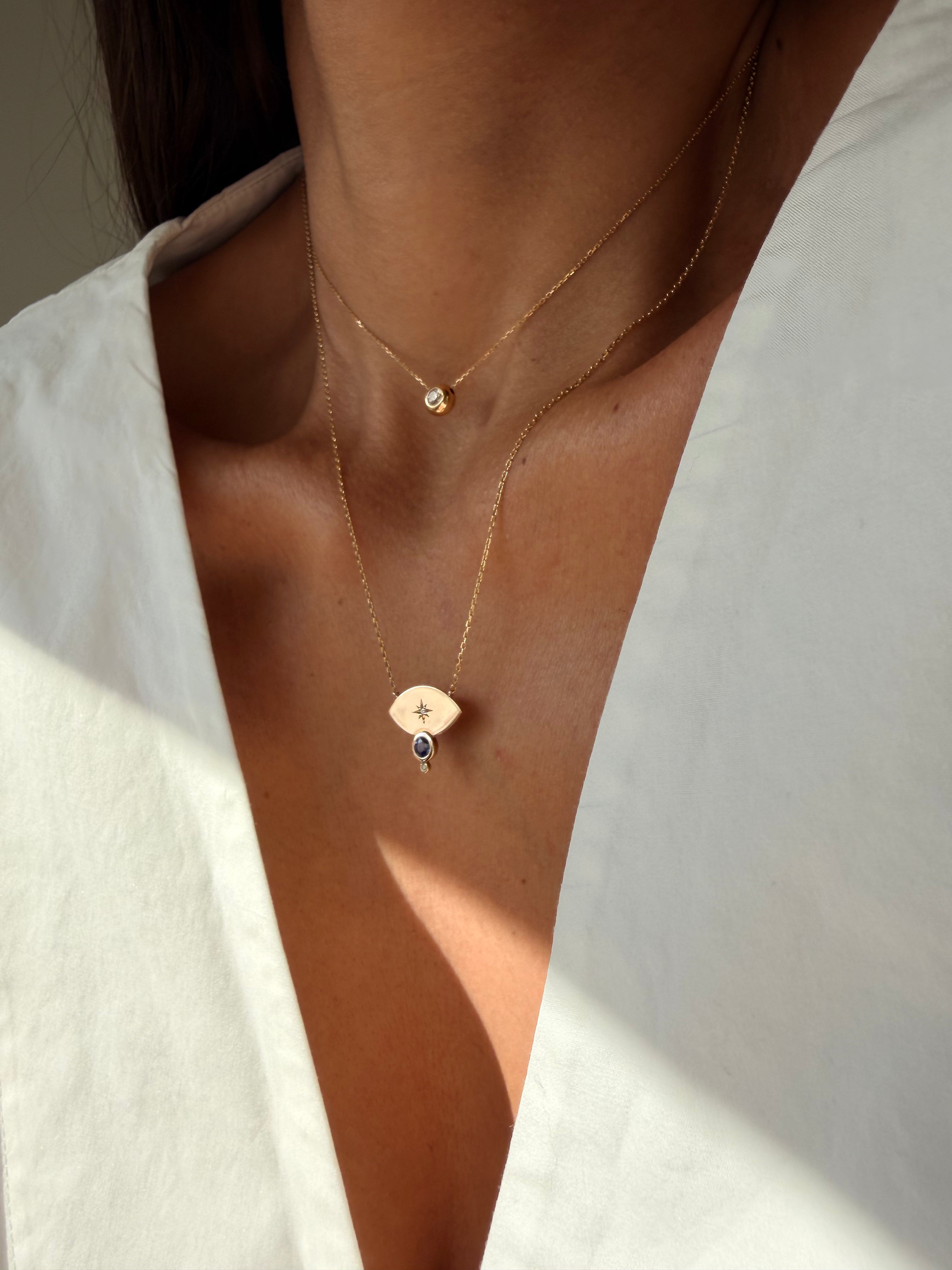 14K Gold Big Navette Diamond Star Necklace with Sapphire