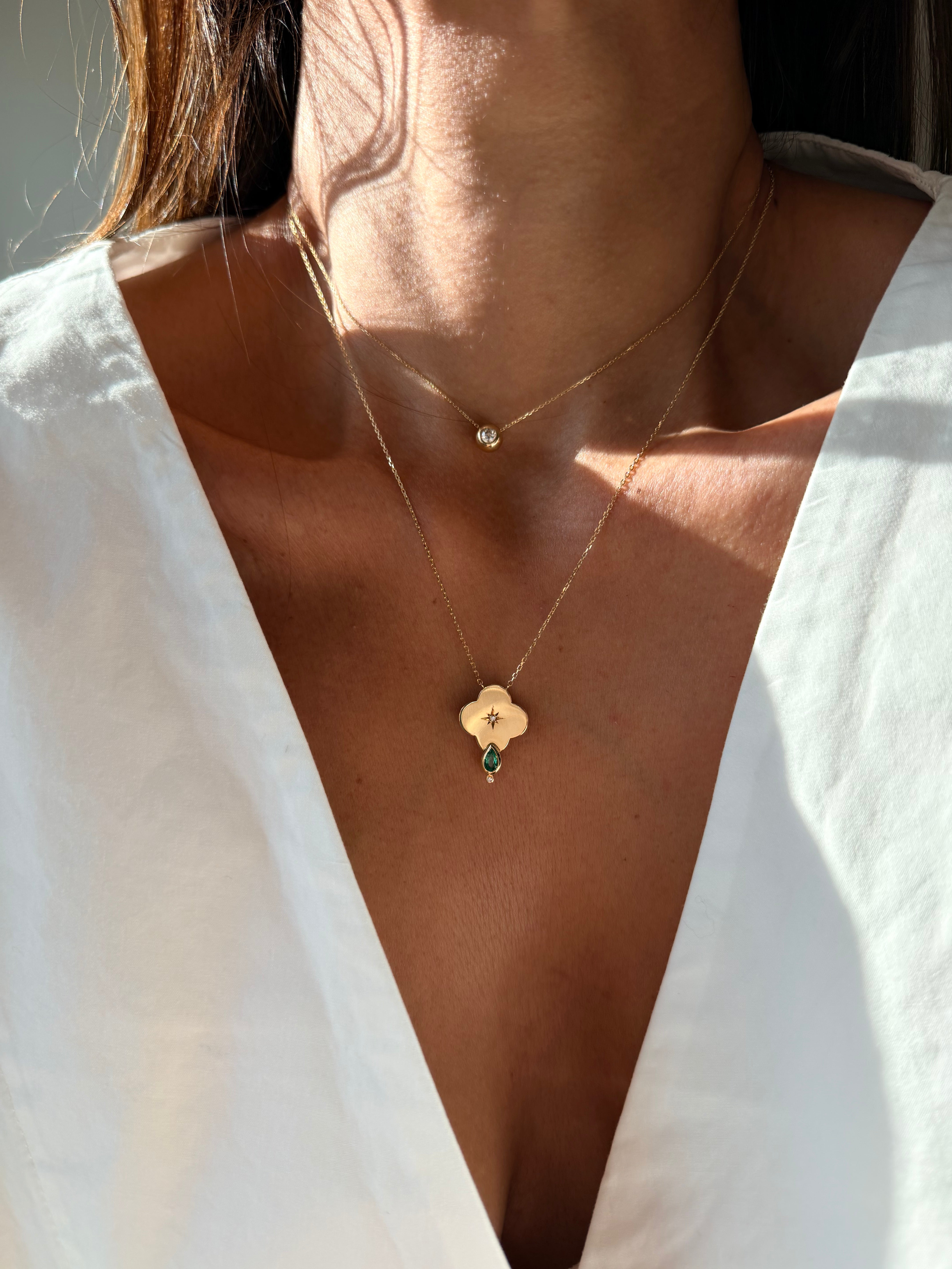 14K Gold Big Flower Diamond Star Necklace with Emerald