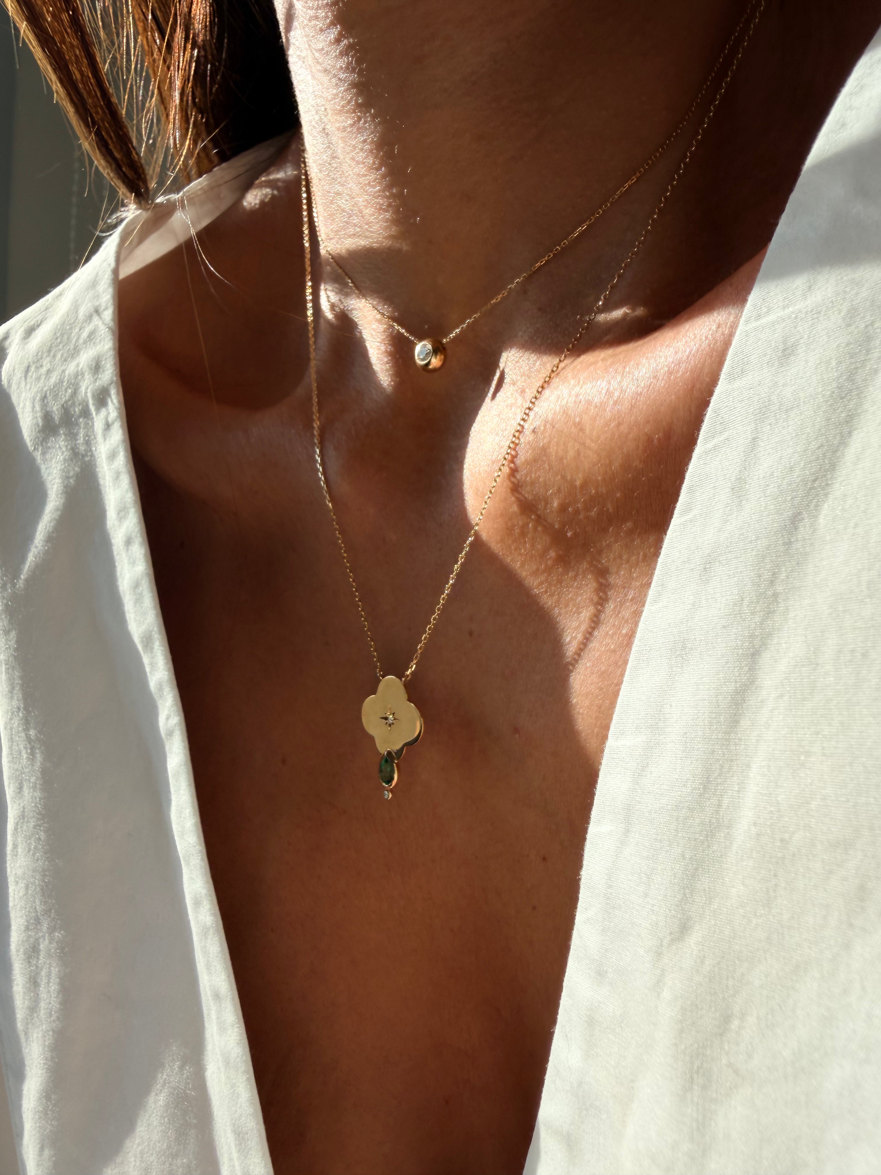 14K Gold Big Flower Diamond Star Necklace with Emerald