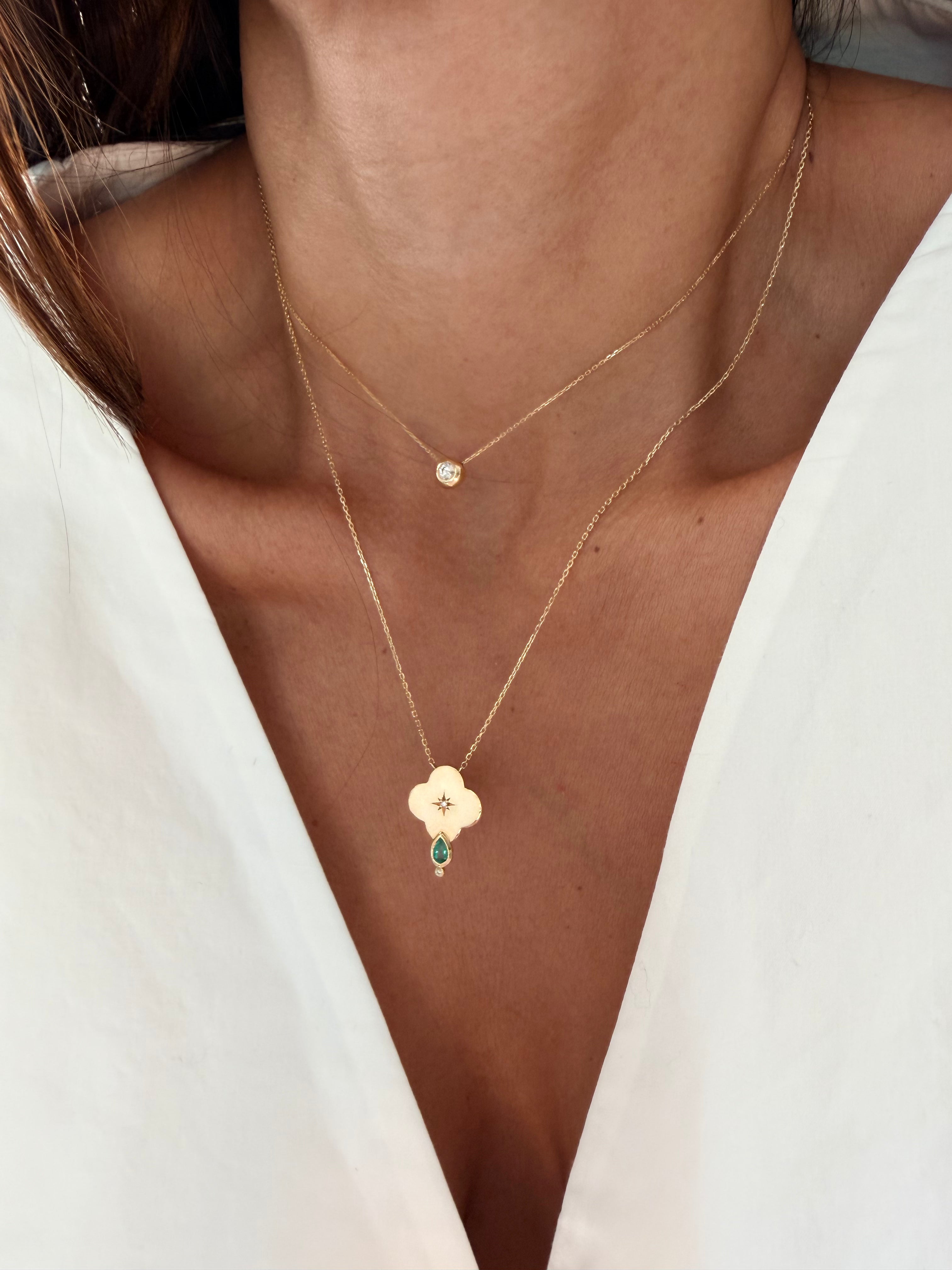 14K Gold Big Flower Diamond Star Necklace with Emerald