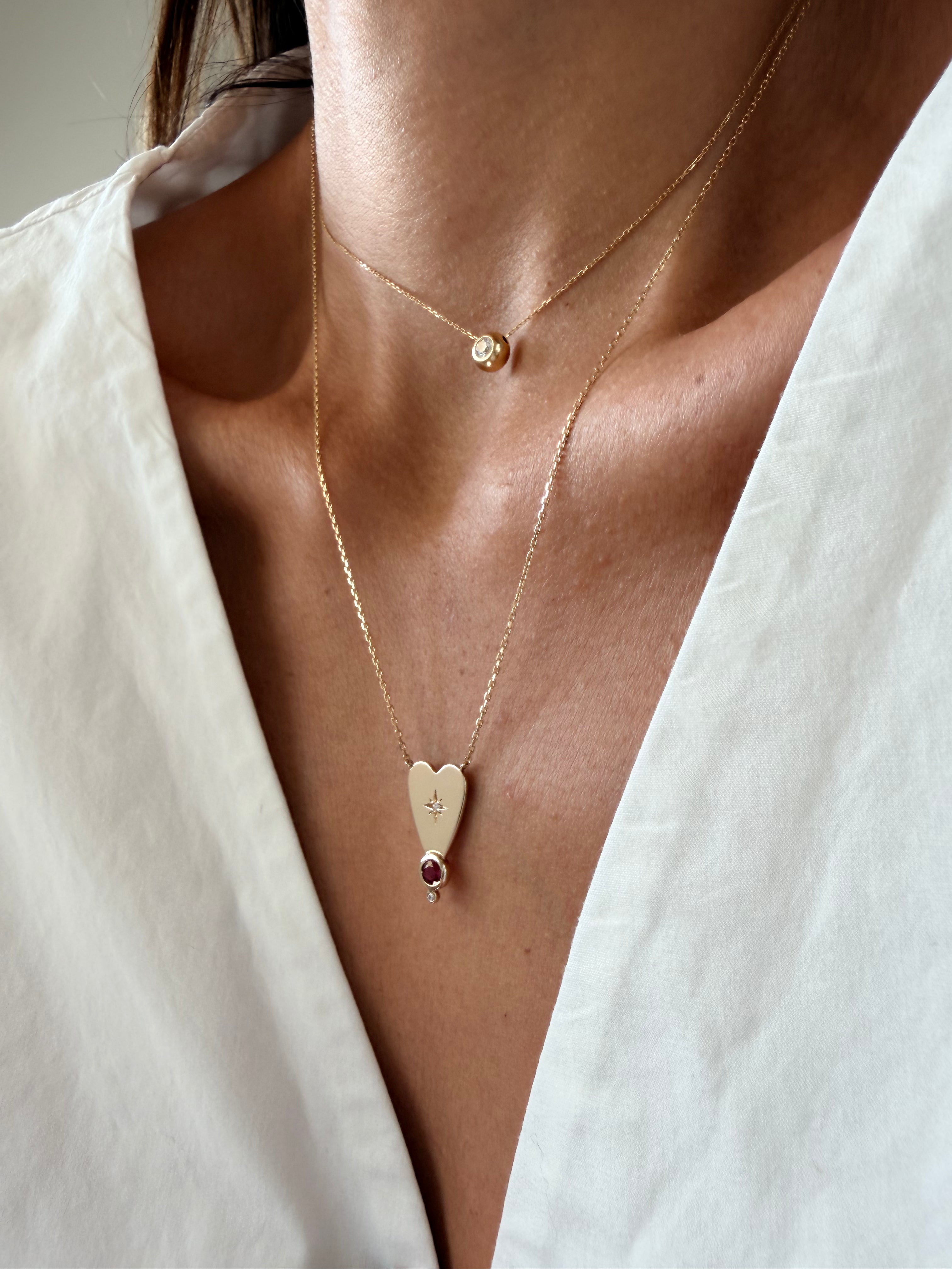 14K Gold Big Heart Diamond Star Necklace with Ruby