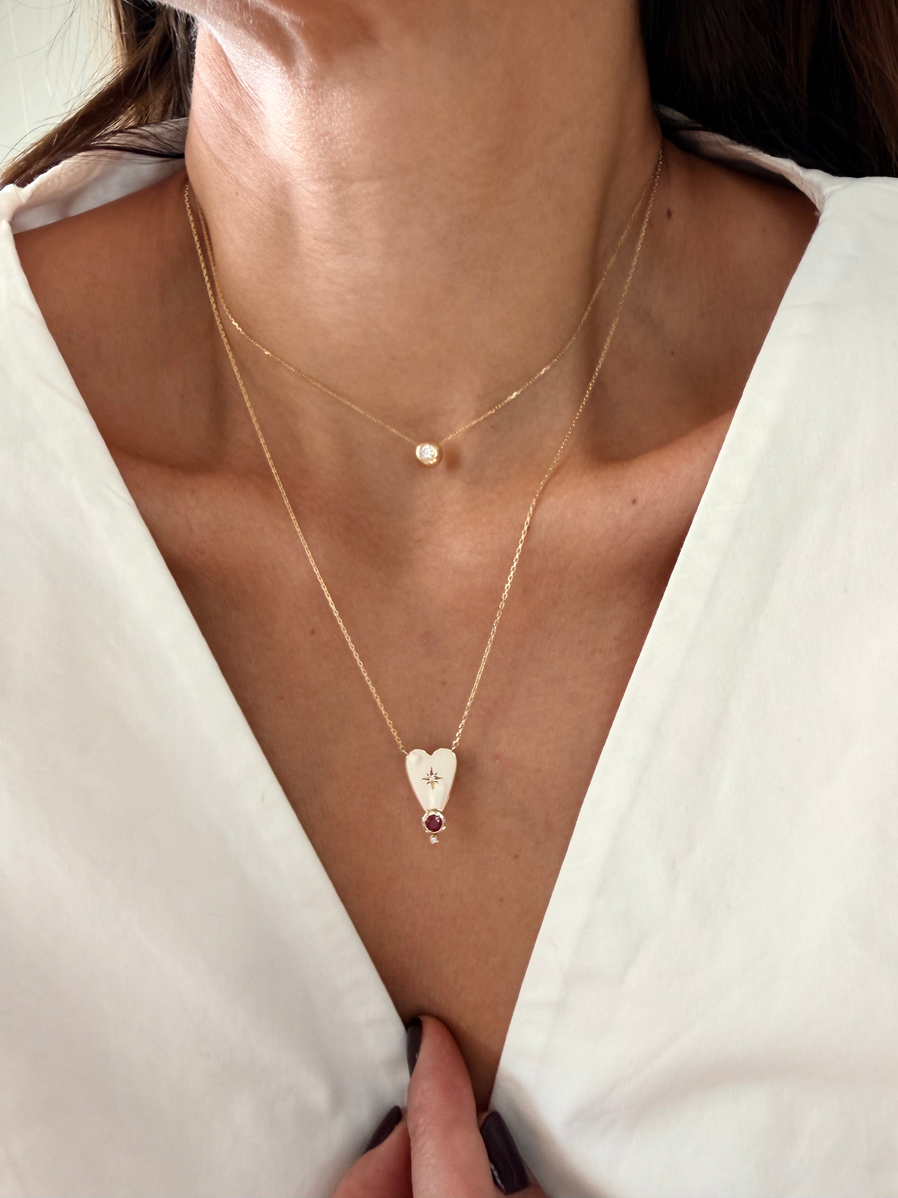 14K Gold Big Heart Diamond Star Necklace with Ruby