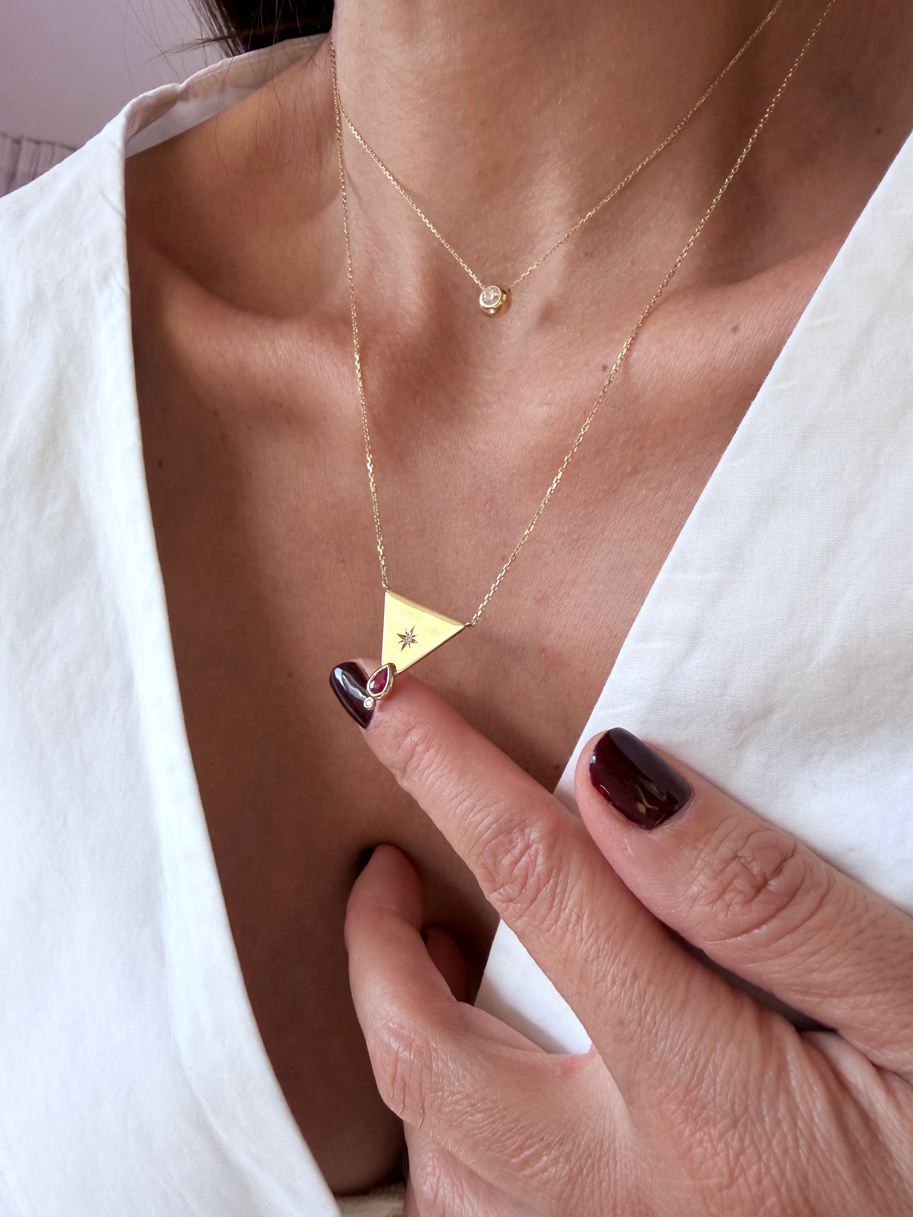 14K Gold Big Triangle Diamond Star Necklace with Ruby