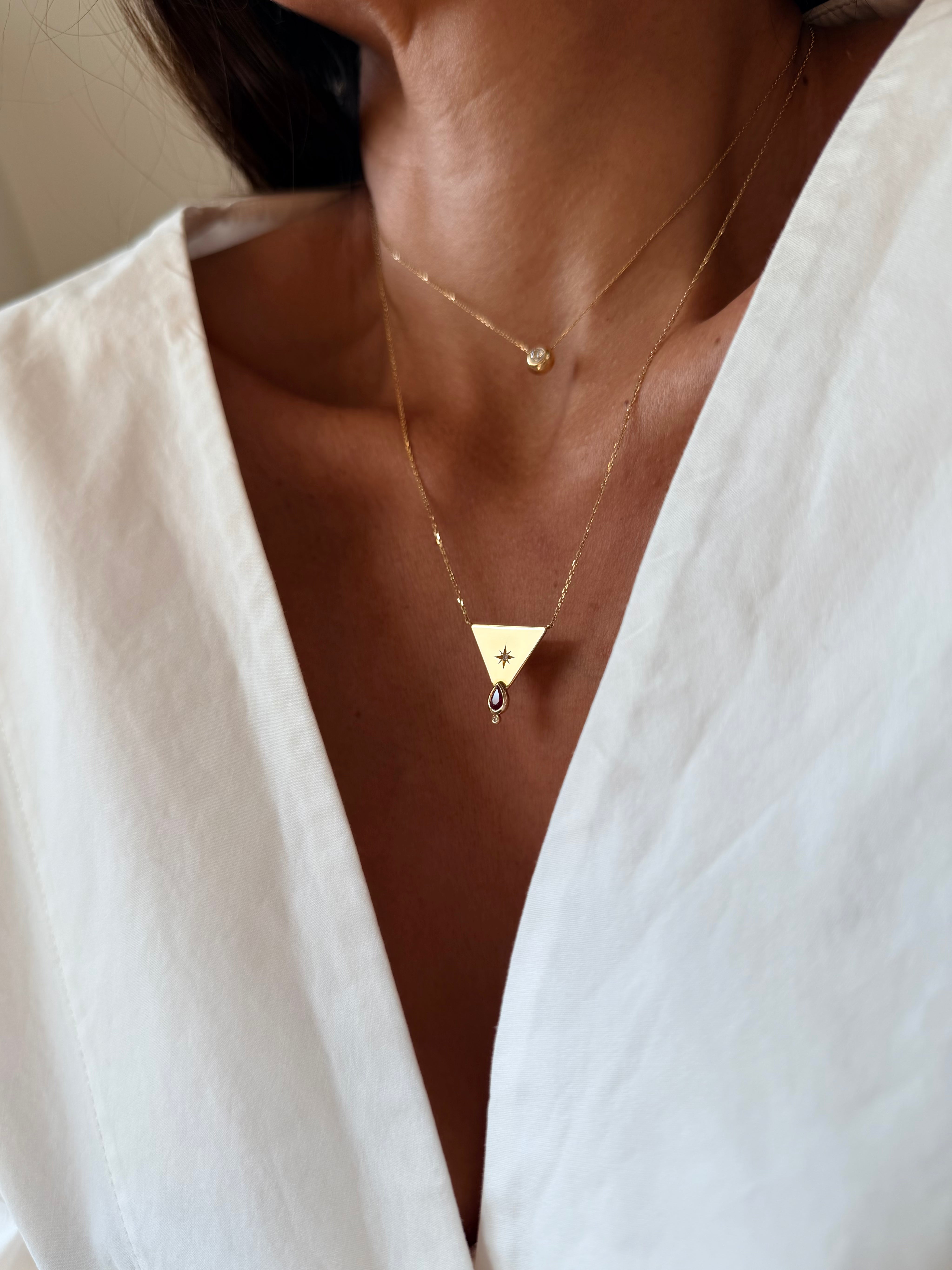 14K Gold Big Triangle Diamond Star Necklace with Ruby
