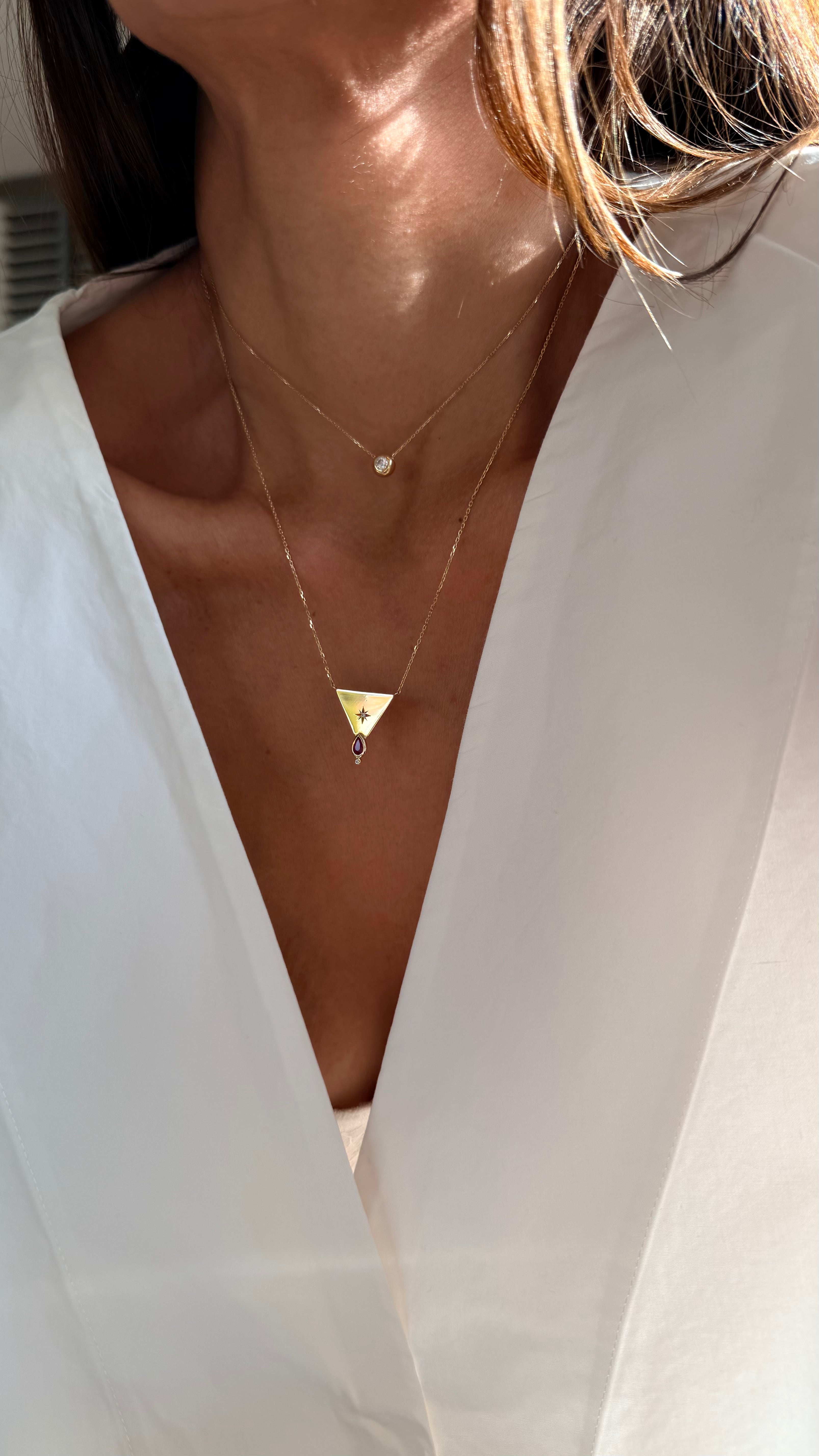 14K Gold Big Triangle Diamond Star Necklace with Ruby