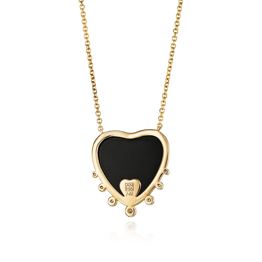 Big Heart Shaped Onyx 14K Gold Necklace with 7 Diamonds