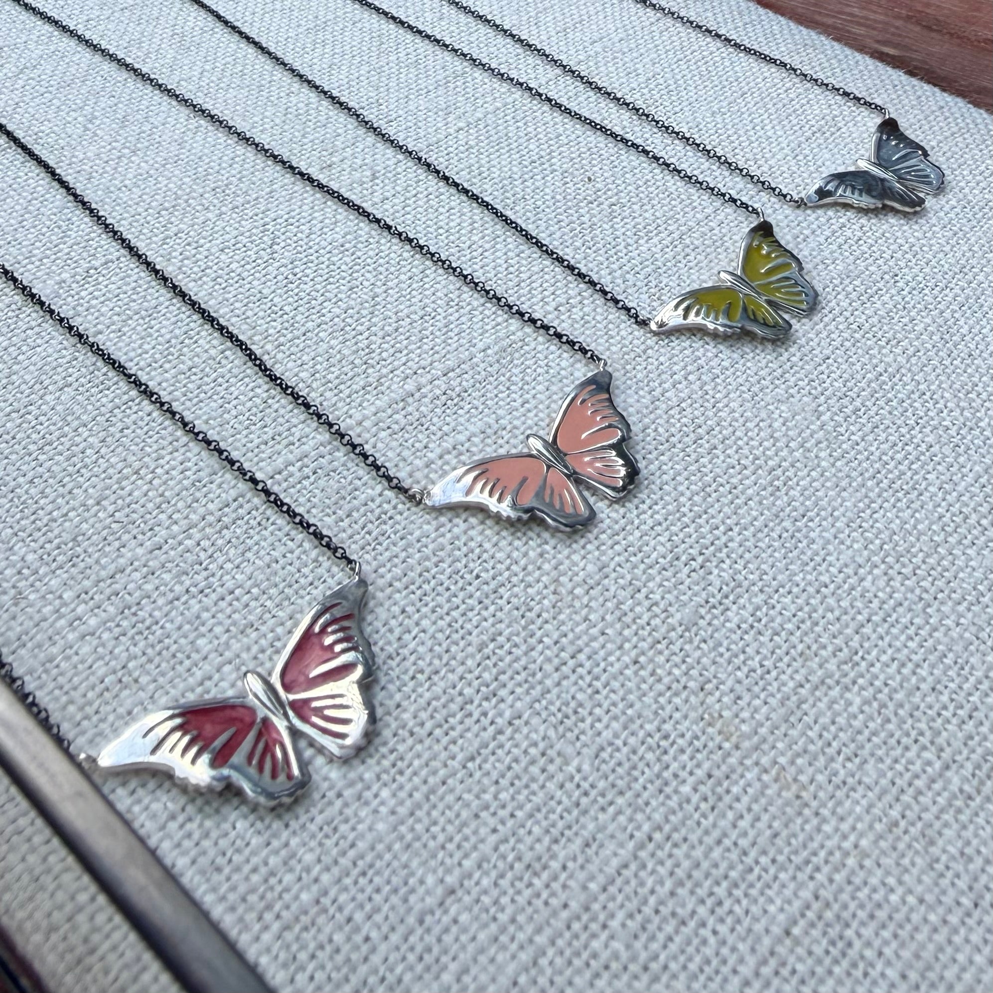 Silver Butterfly Necklace with enamel details