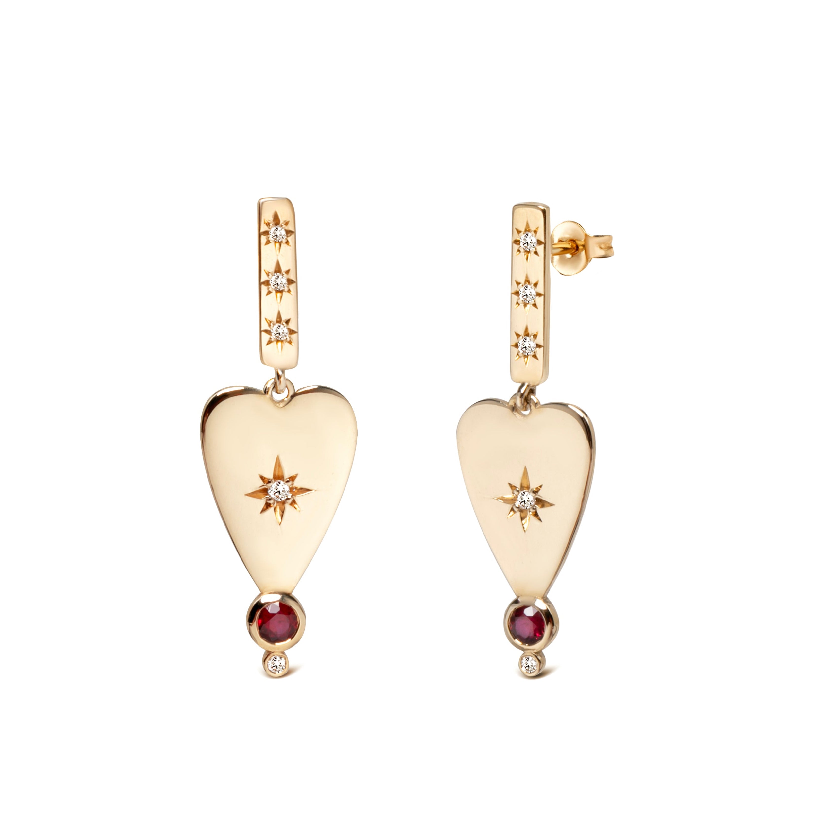 14K Gold Heart Earring with Diamond Star & Ruby