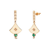 14K Gold  Curved Triangle Earrings with Diamond Star & Emerald
