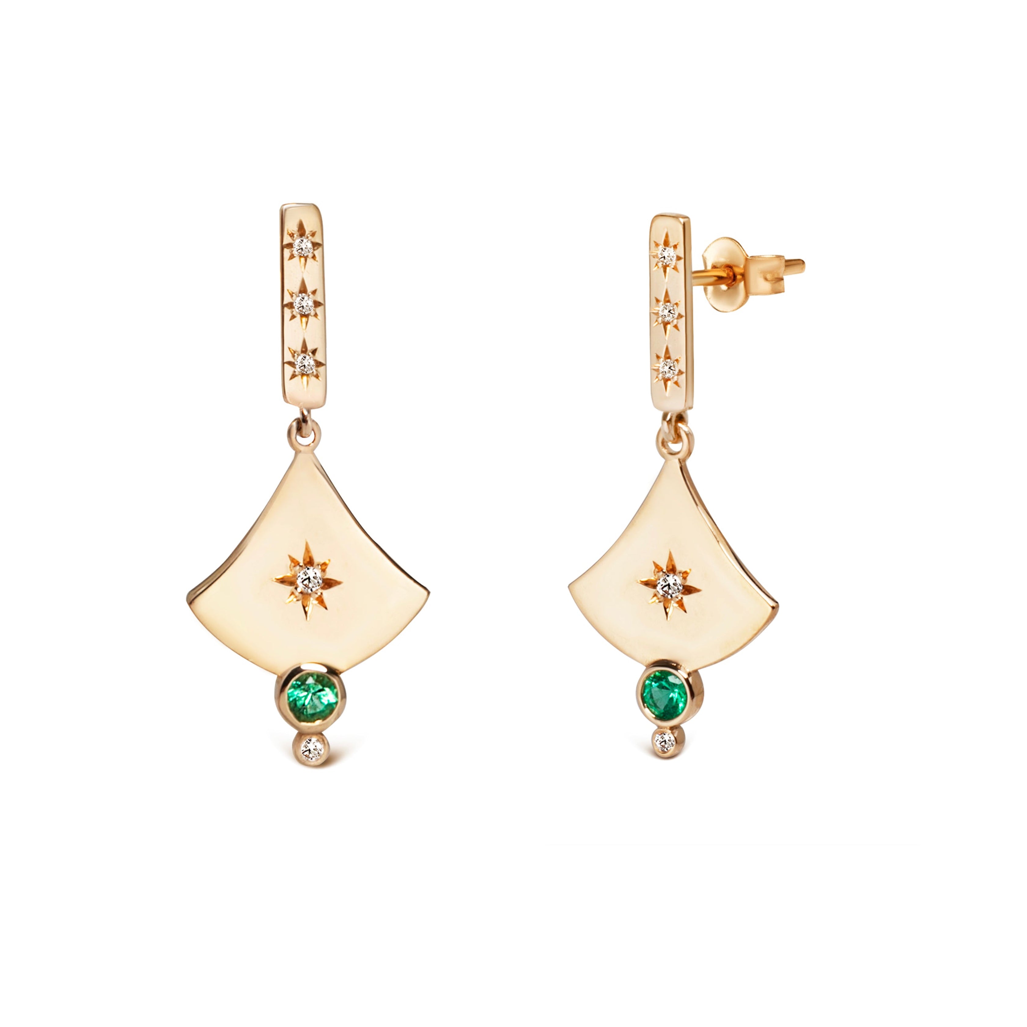 14K Gold  Curved Triangle Earrings with Diamond Star & Emerald