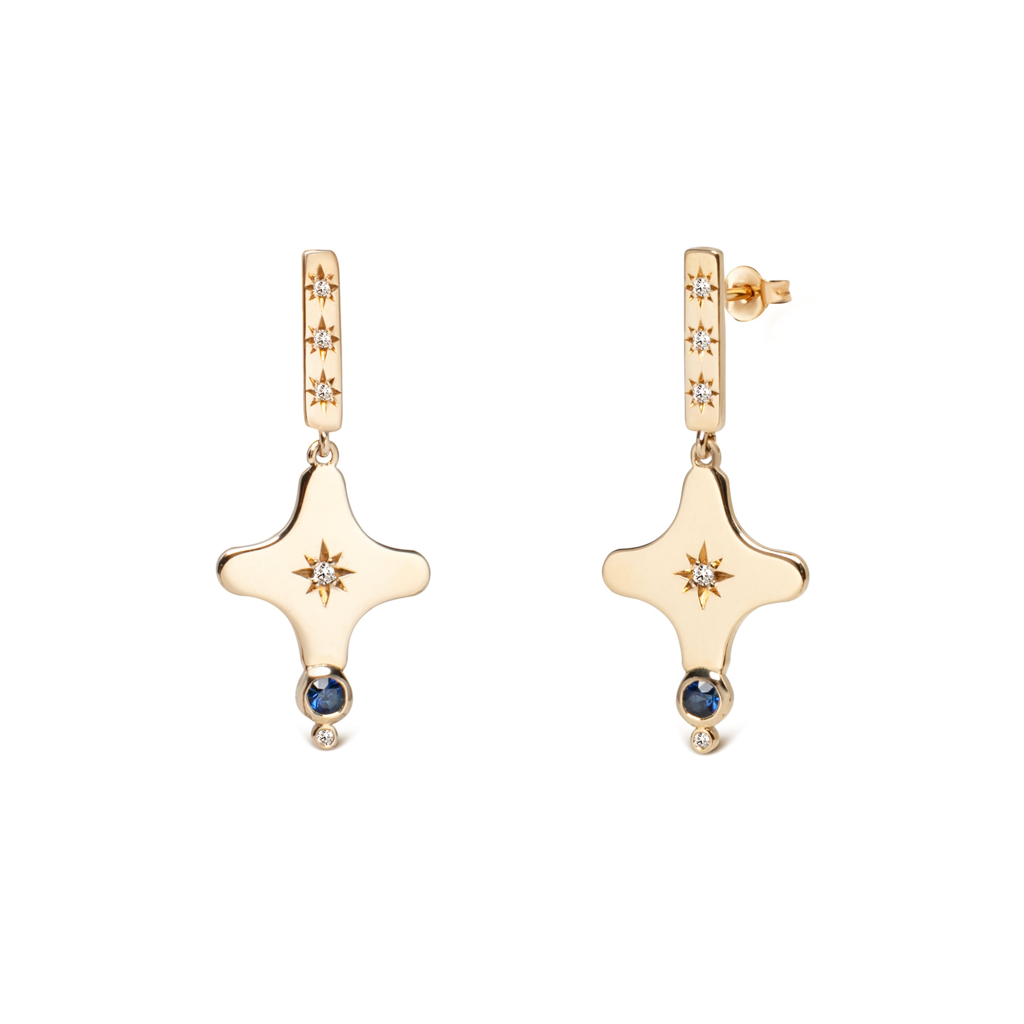 14K Gold Star-Shaped Earring with Diamonds & Sapphire