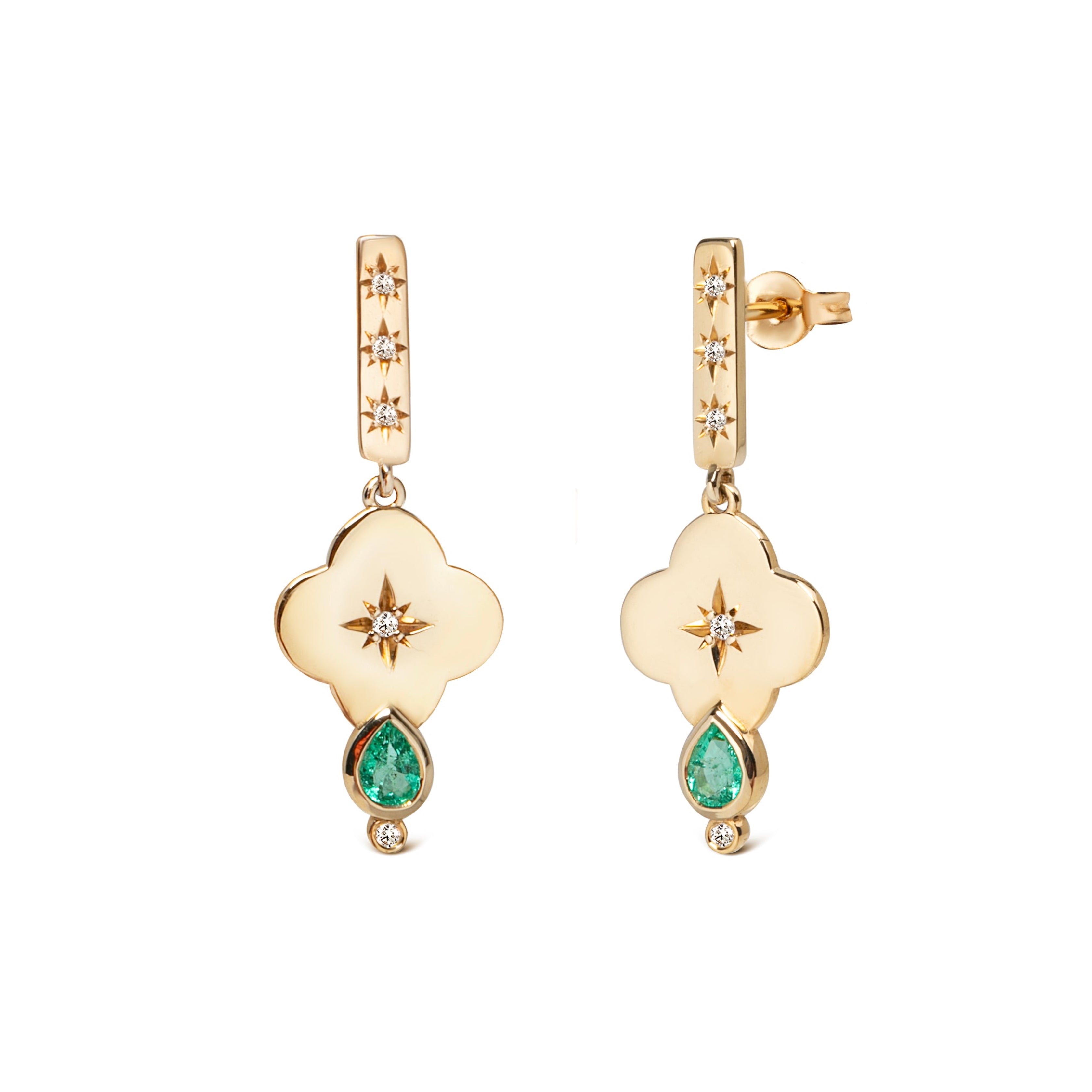 14K Gold Flower Earrings with Diamond Star & Emerald