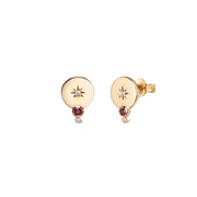 14K Gold Circle Stud Earrings with Diamonds & Ruby