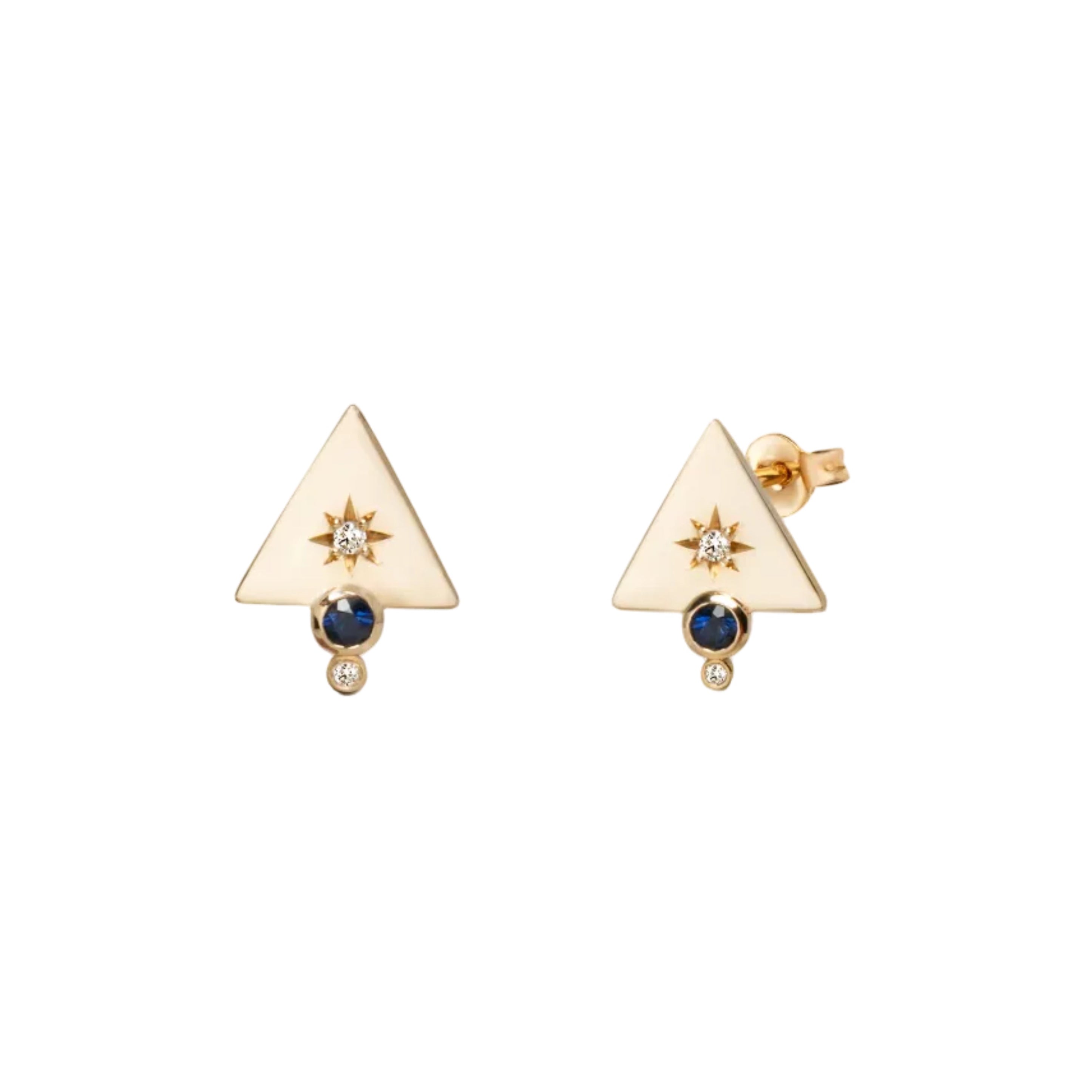 14K Gold Triangle Stud Earrings with Diamonds & Sapphire