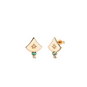 14K Gold Curved Triangle Stud Earrings with Diamonds & Emerald