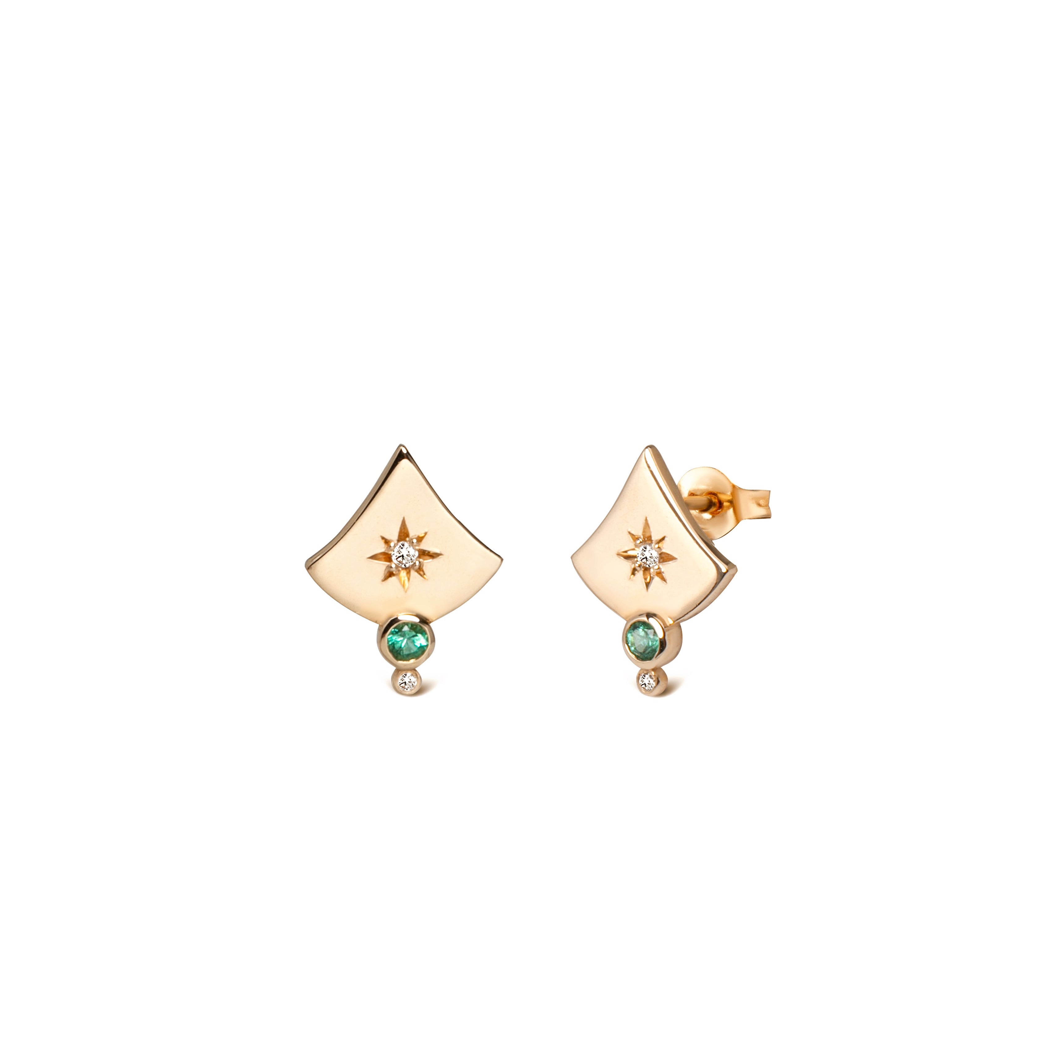 14K Gold Curved Triangle Stud Earrings with Diamonds & Emerald