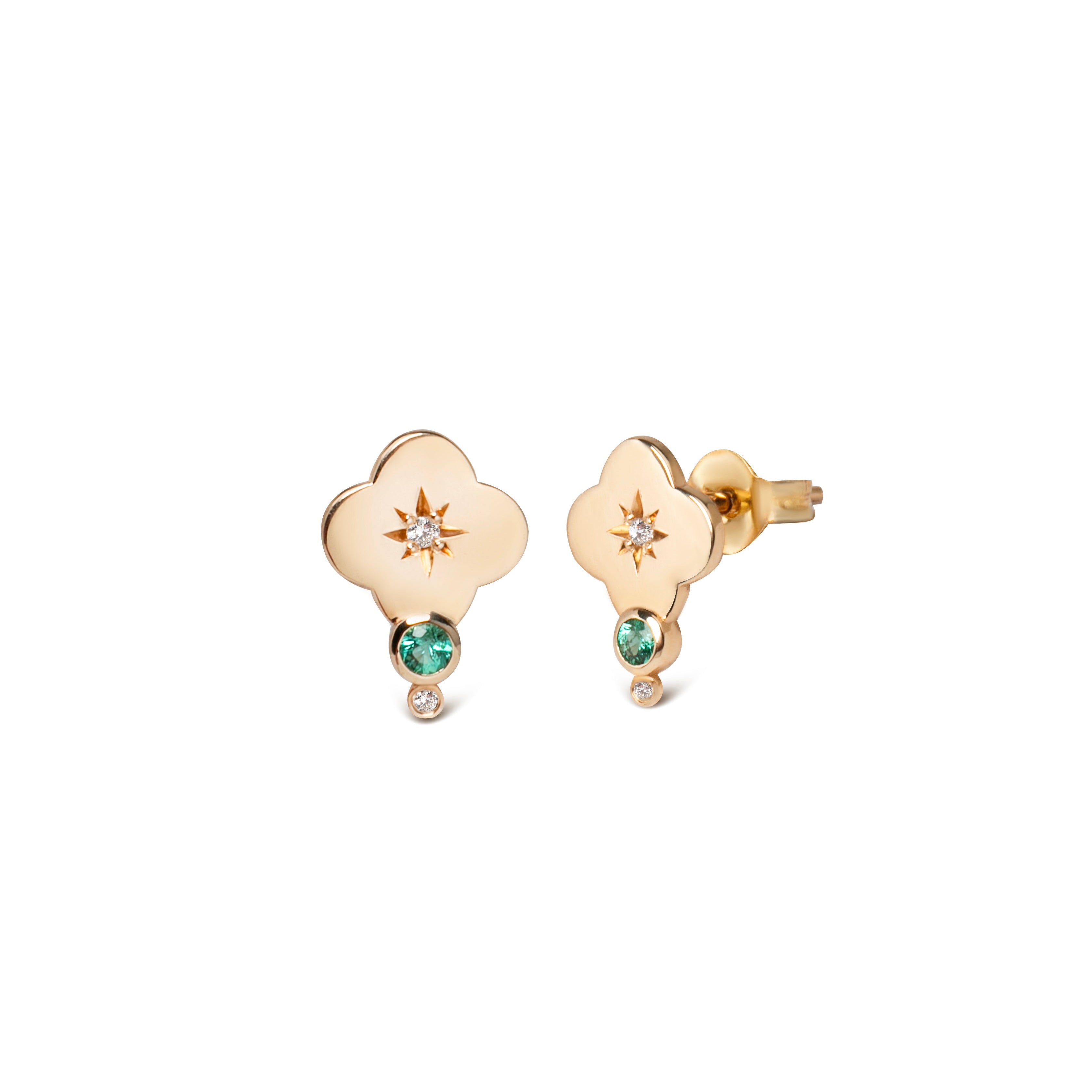 14K Gold Flower Stud Earrings with Diamonds & Emerald