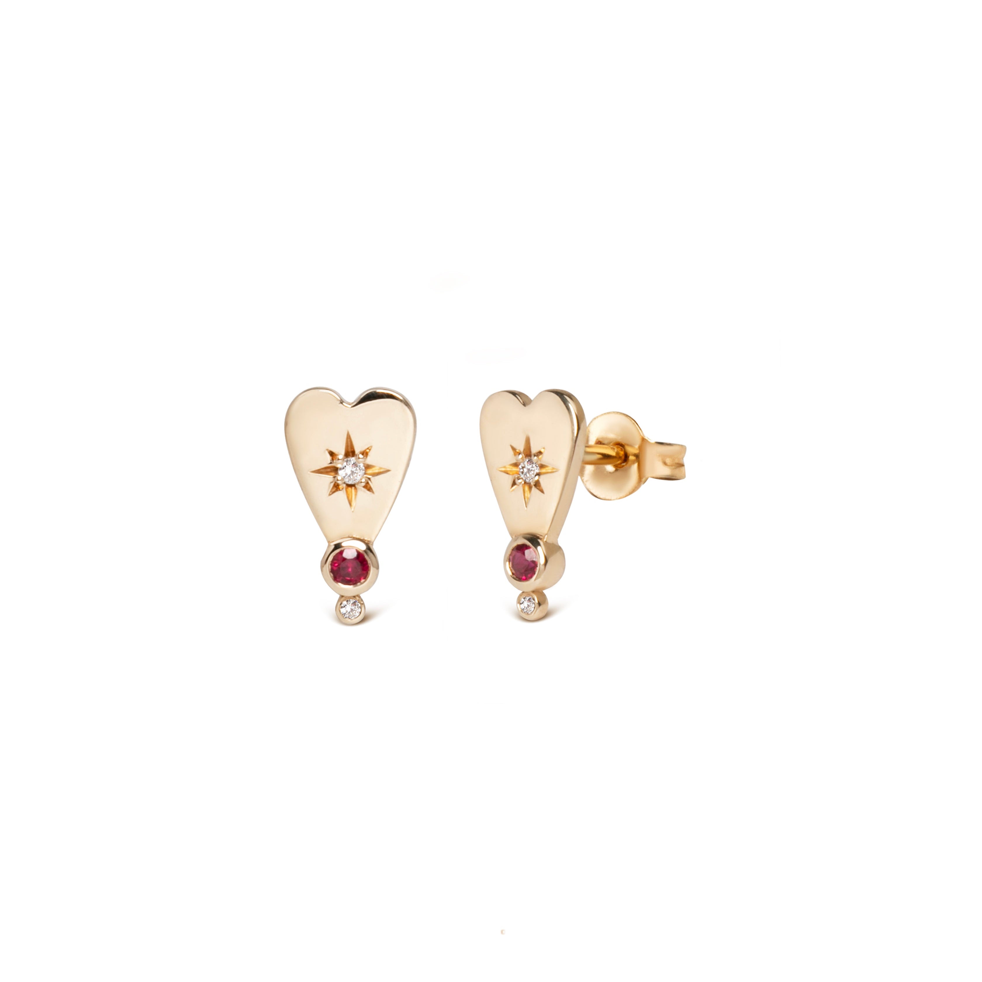 14K Gold Heart-shaped Diamond Star Earrings with Ruby