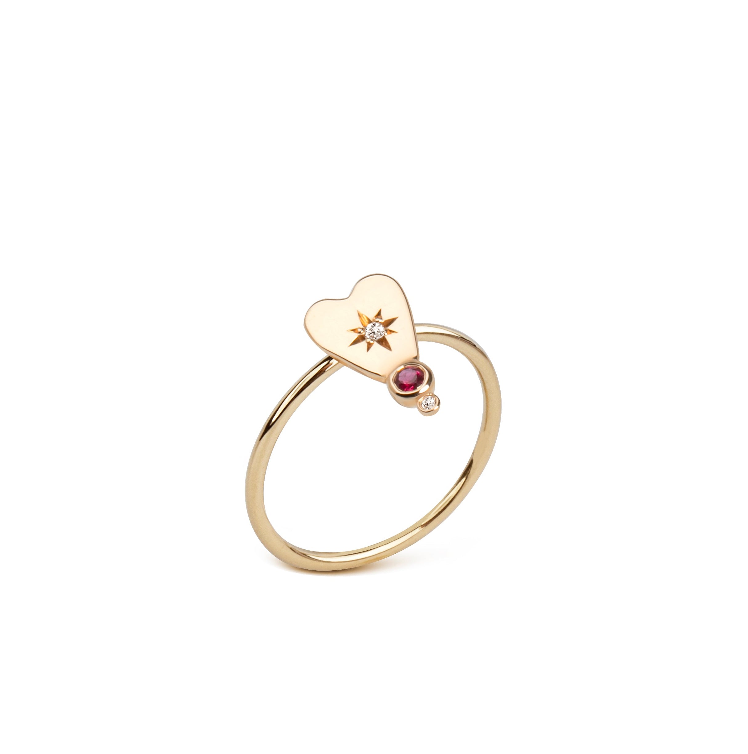 14K Gold Small Heart- shaped Diamond Star Ring with Ruby