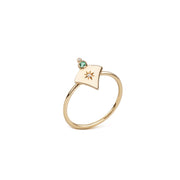 14K Gold Curved Triangle Diamond Star Ring with Emerald