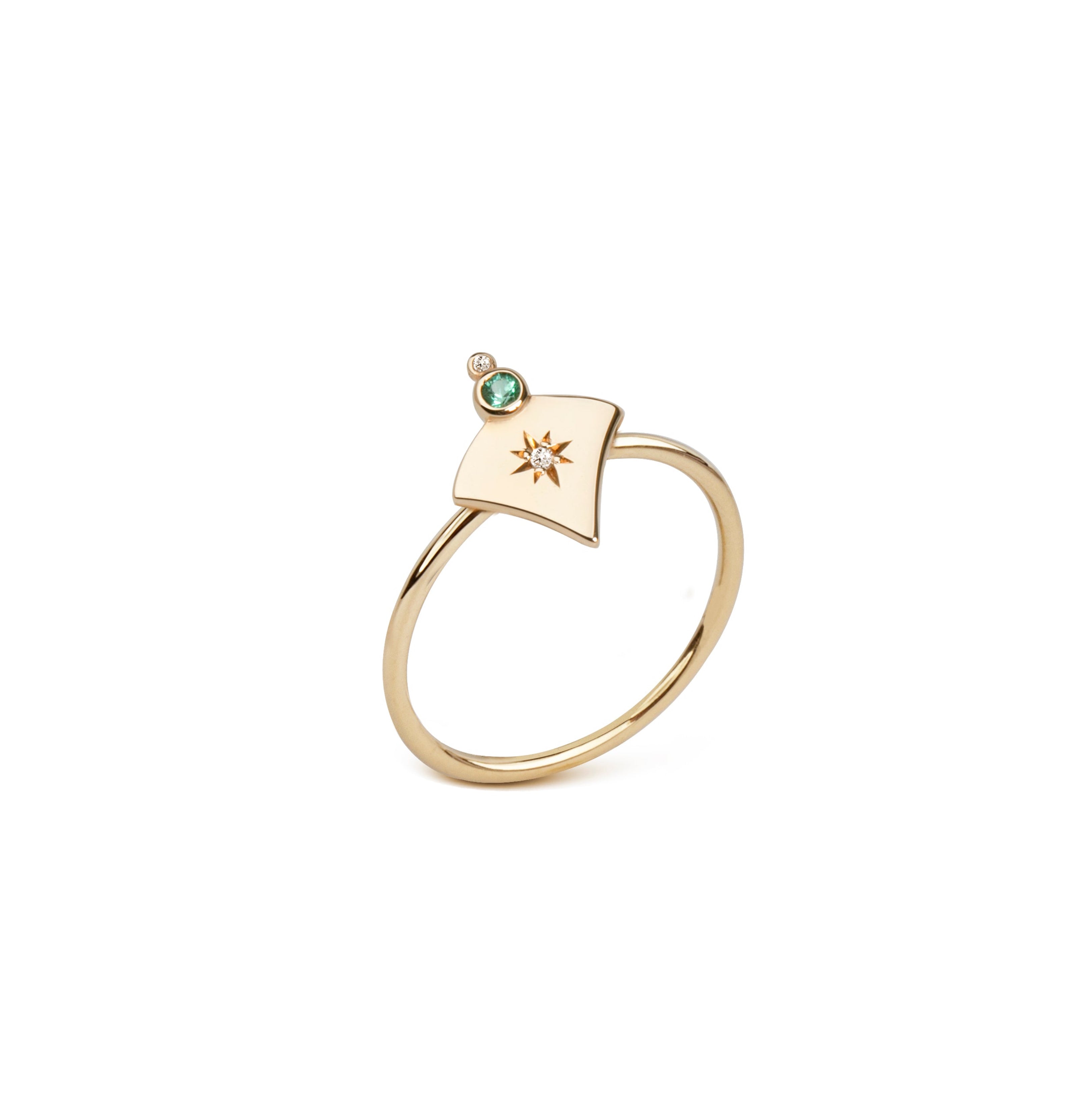 14K Gold Curved Triangle Diamond Star Ring with Emerald