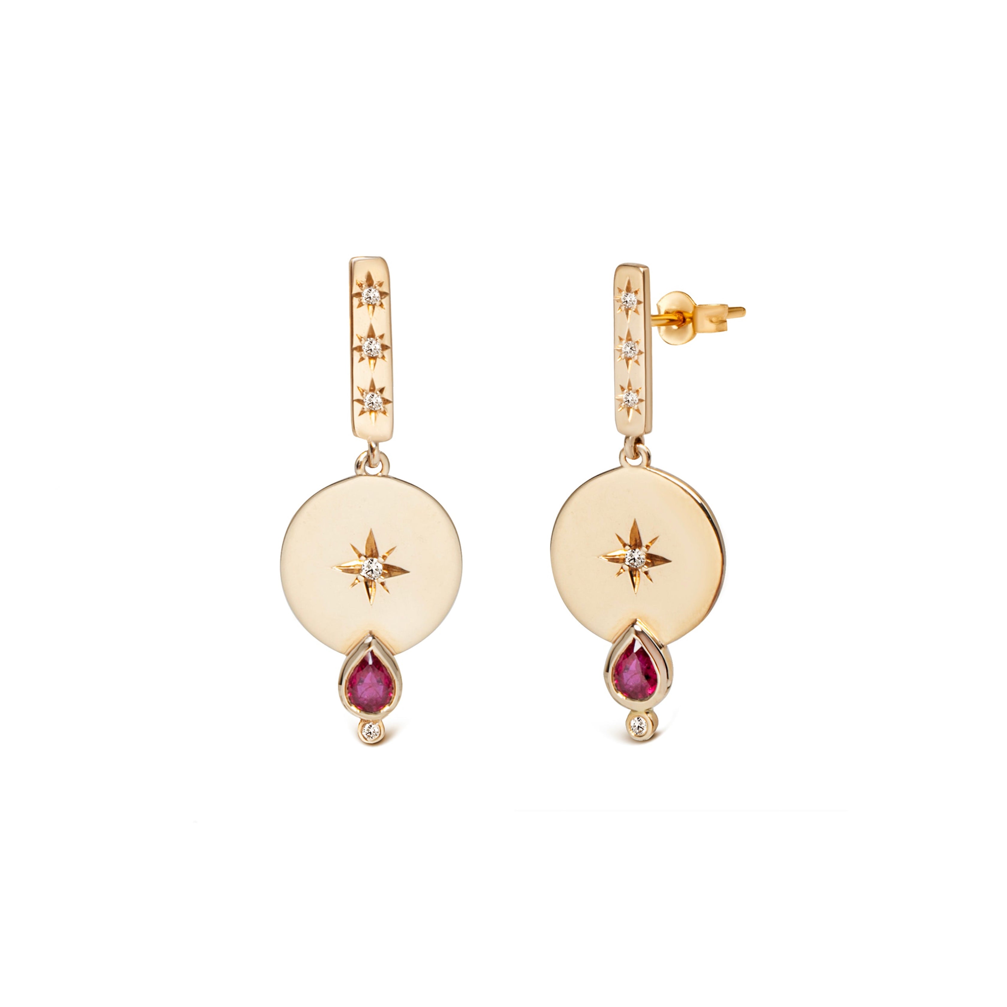 14K Gold  Circle Earrings with Diamond Star & Ruby
