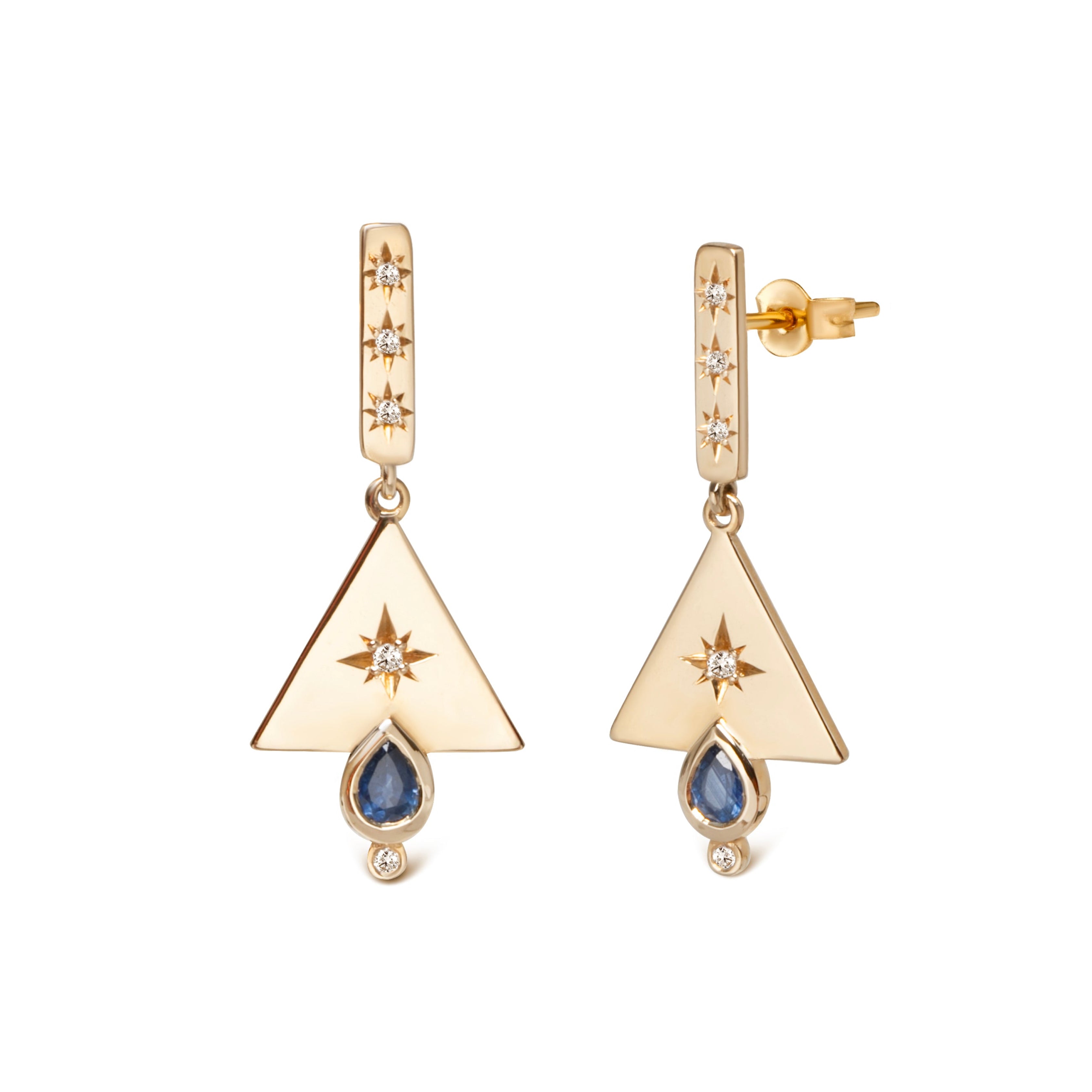 14K Gold Triangle Earrings with Diamond Star & Sapphire