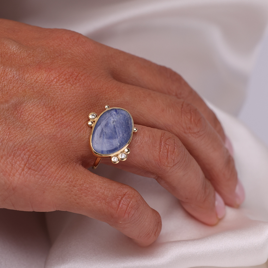 14K Gold  Irregular Kyanite Ring with 3 Diamonds