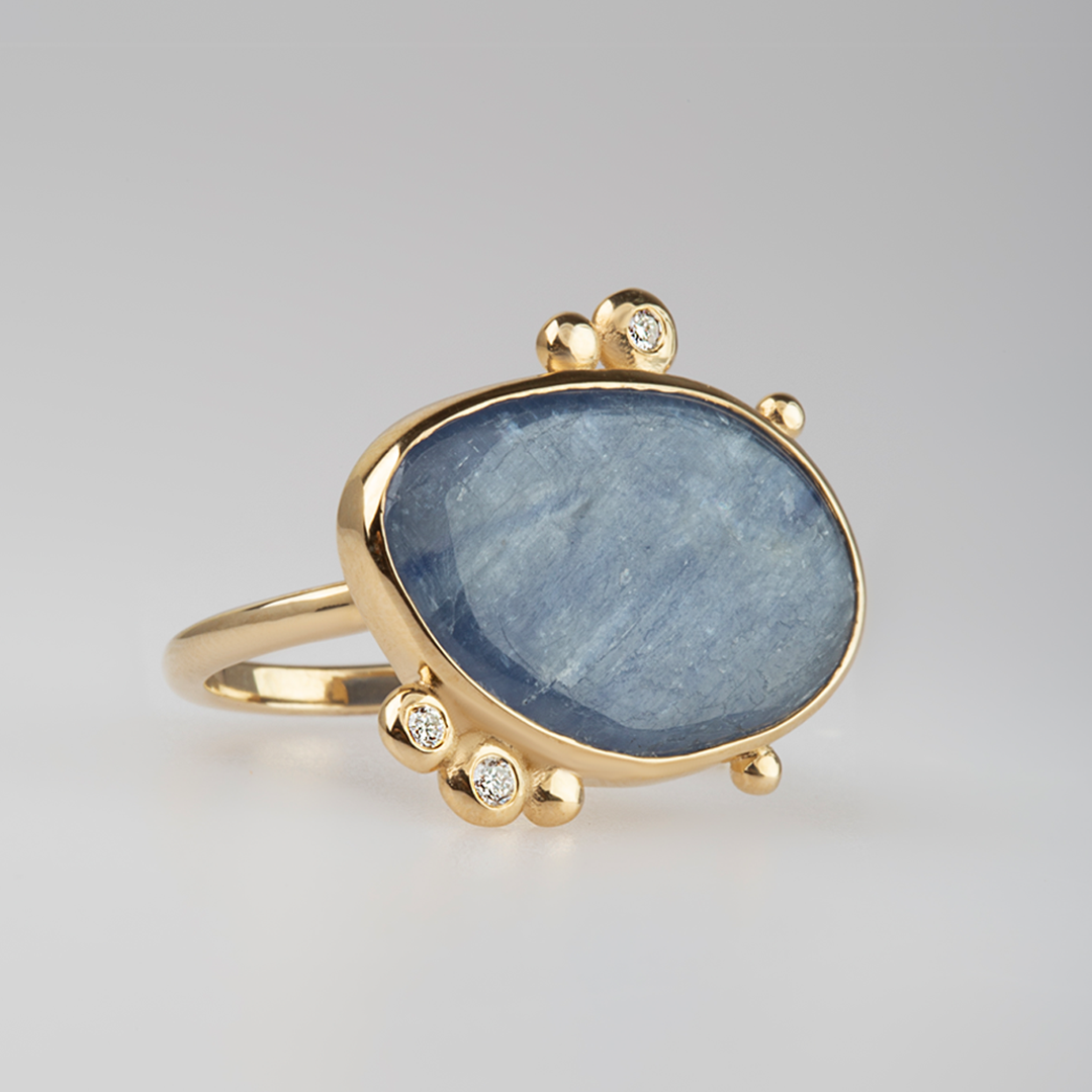 14K Gold  Irregular Kyanite Ring with 3 Diamonds