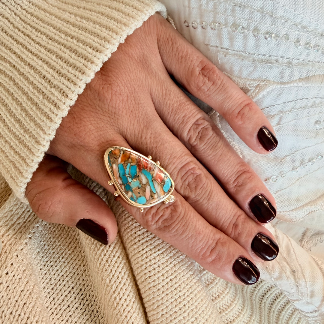 14K Gold Copper Mosaic Turquoise Ring with Diamond