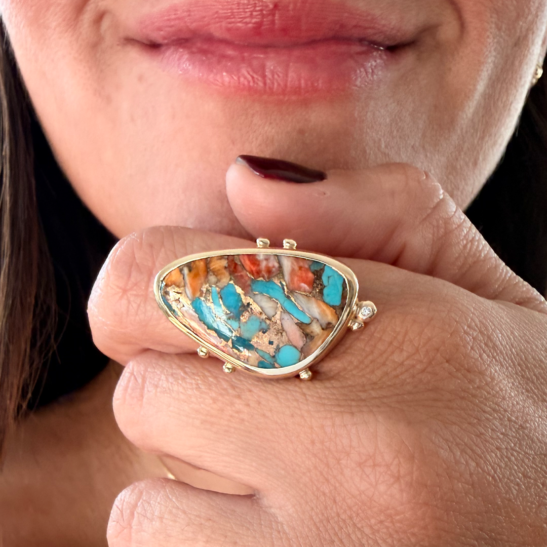 14K Gold Copper Mosaic Turquoise Ring with Diamond