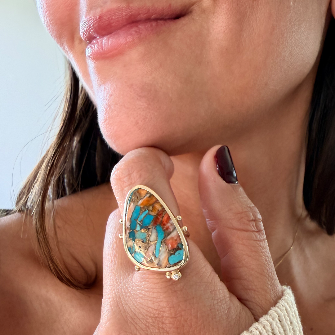 14K Gold Copper Mosaic Turquoise Ring with Diamond