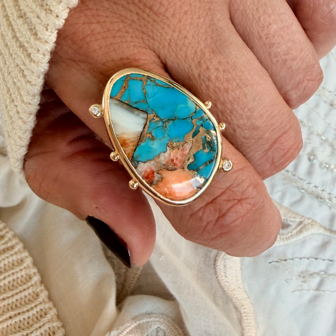 14K Gold Copper Mosaic Turquoise Ring with 2 Diamonds