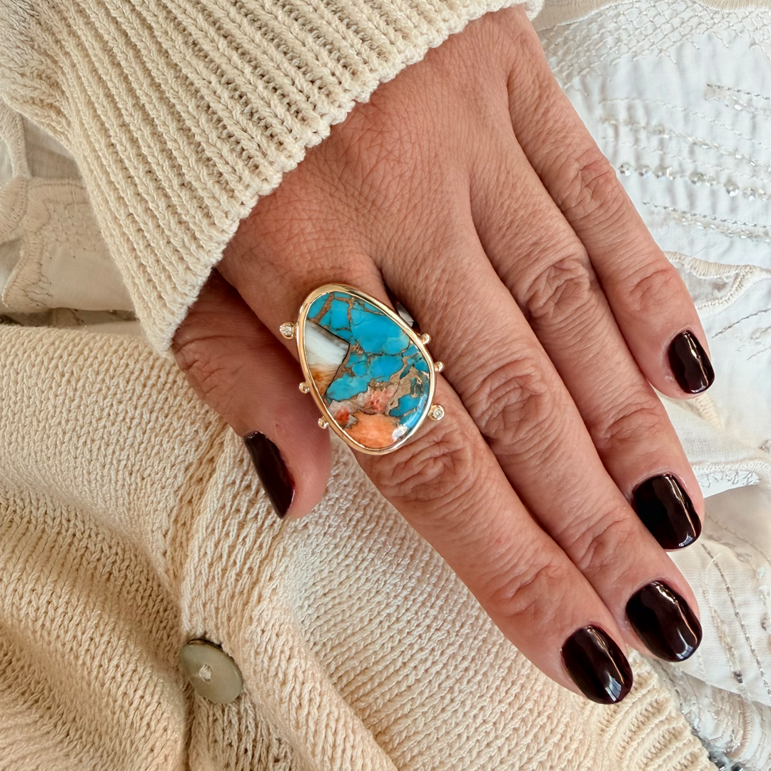 14K Gold Copper Mosaic Turquoise Ring with 2 Diamonds