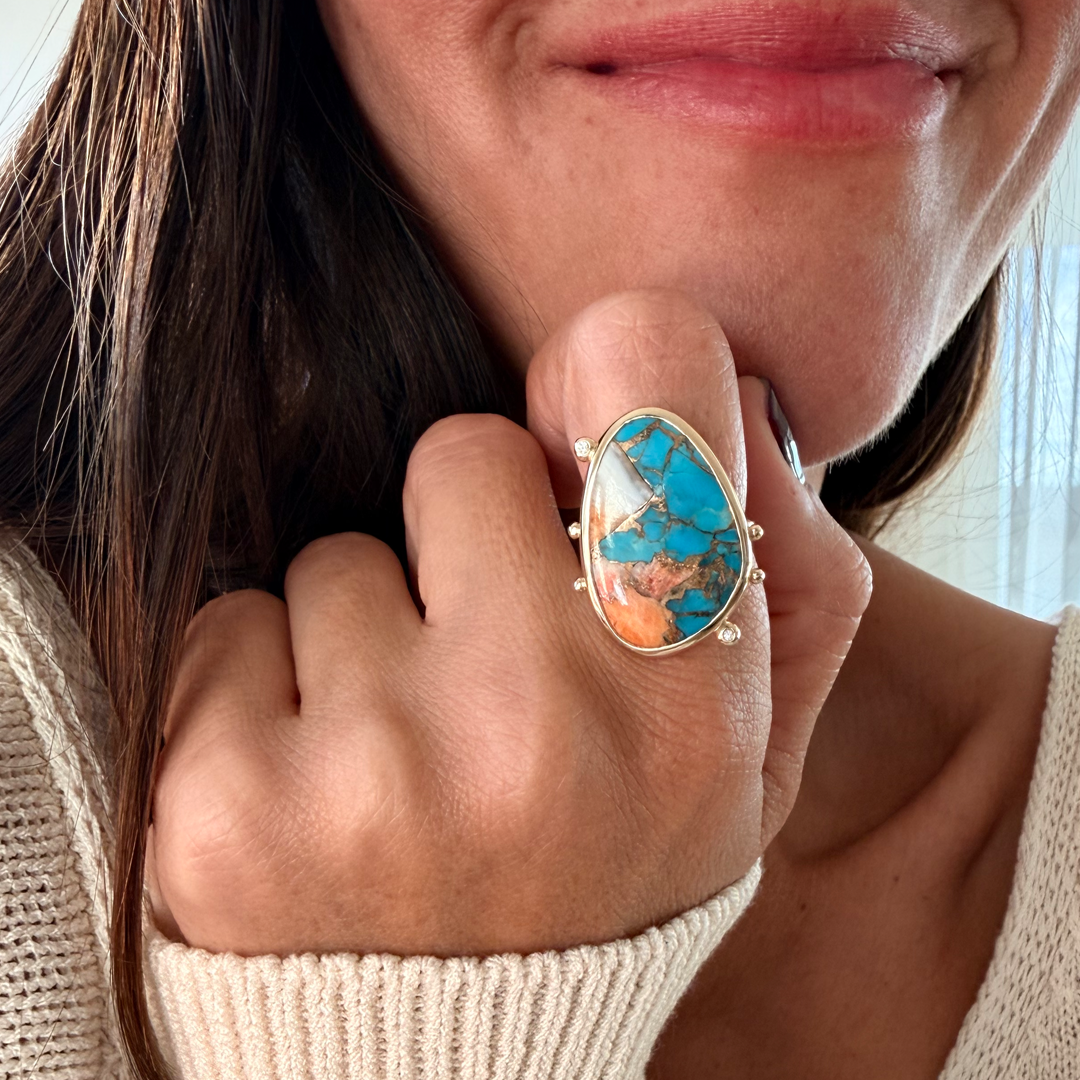 14K Gold Copper Mosaic Turquoise Ring with 2 Diamonds
