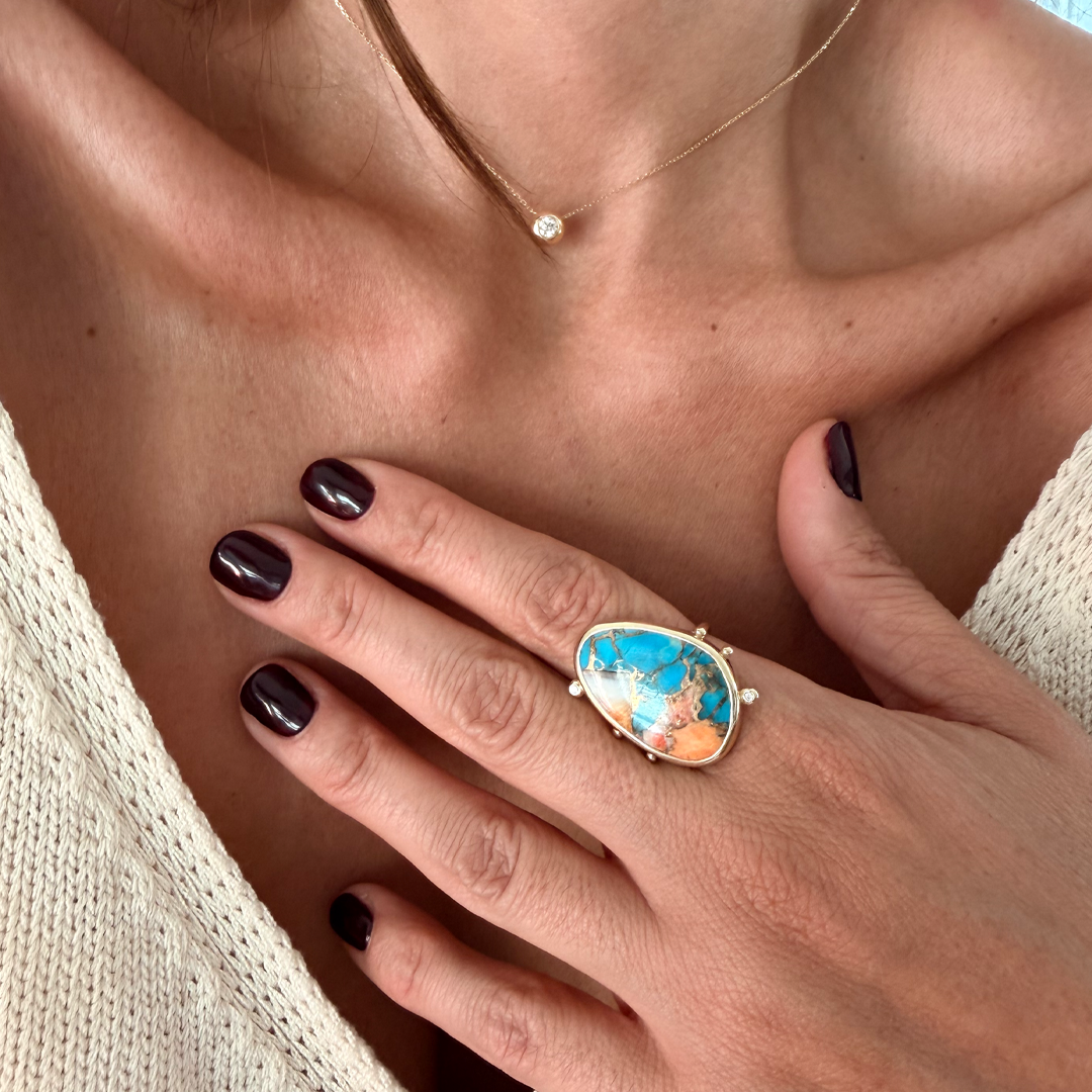 14K Gold Copper Mosaic Turquoise Ring with 2 Diamonds