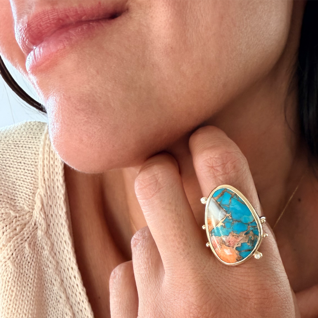 14K Gold Copper Mosaic Turquoise Ring with 2 Diamonds