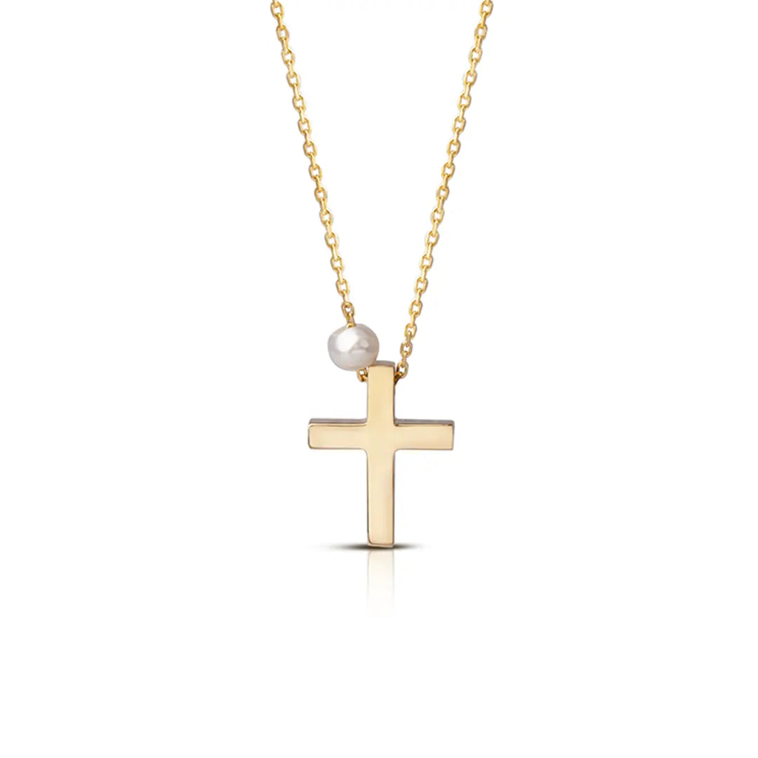 Tiny Gold Cross Pendant with Freshwater Pearl or plain