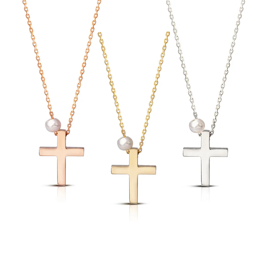 Tiny Gold Cross Pendant with Freshwater Pearl or plain