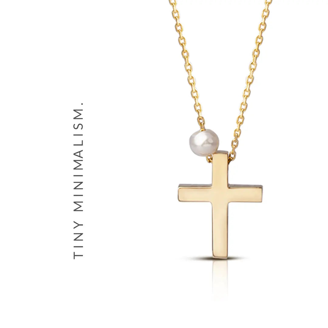 Tiny Gold Cross Pendant with Freshwater Pearl or plain