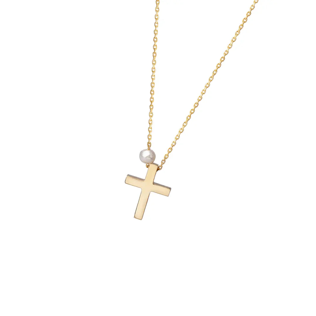 Tiny Gold Cross Pendant with Freshwater Pearl or plain
