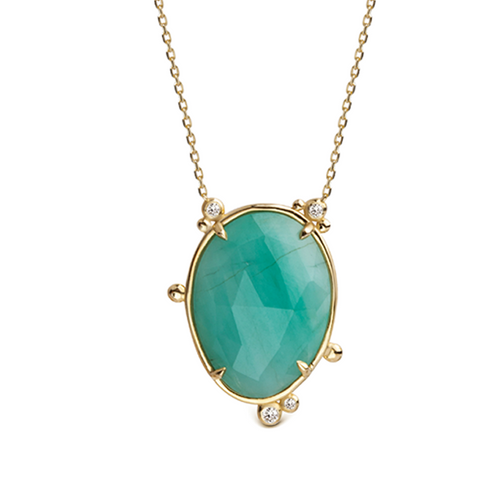 14K Gold Oval Emerald Necklace  with 4 diamonds