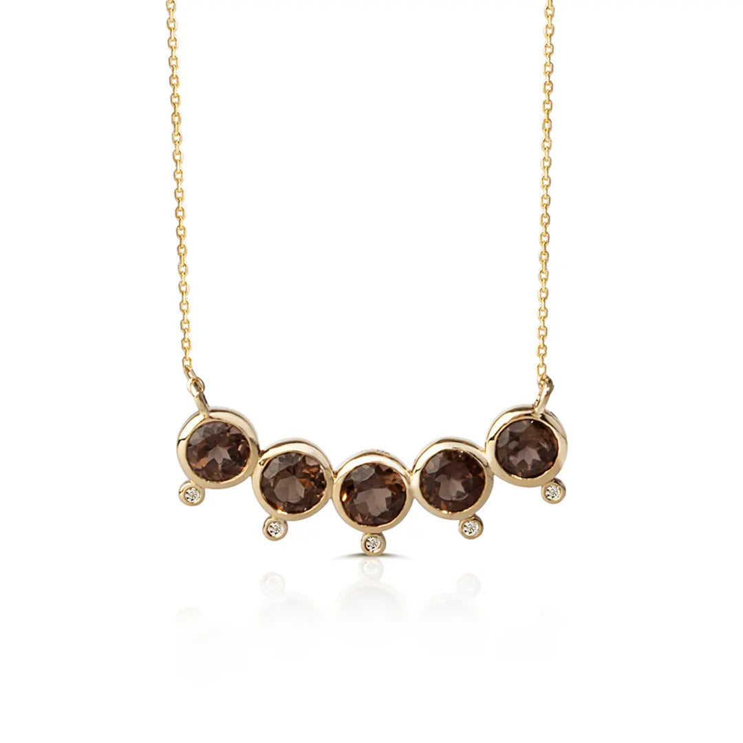 5 Round Shaped Smoky Quartz 14K Gold Necklace with Diamonds